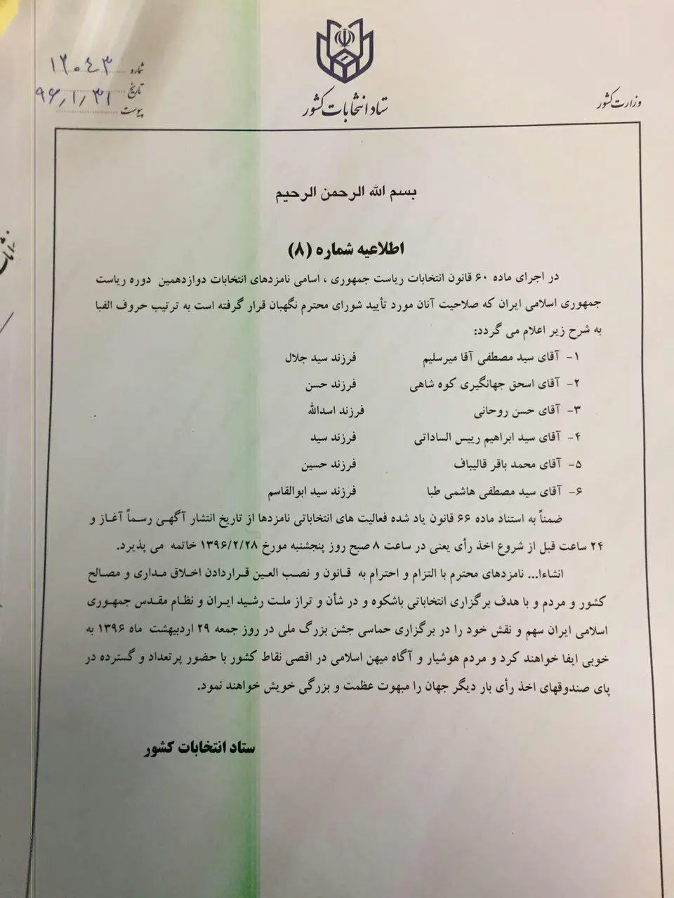 ۶ نامزد نهایی انتخابات ریاست‌جمهوری مشخص شدند + اسامی
