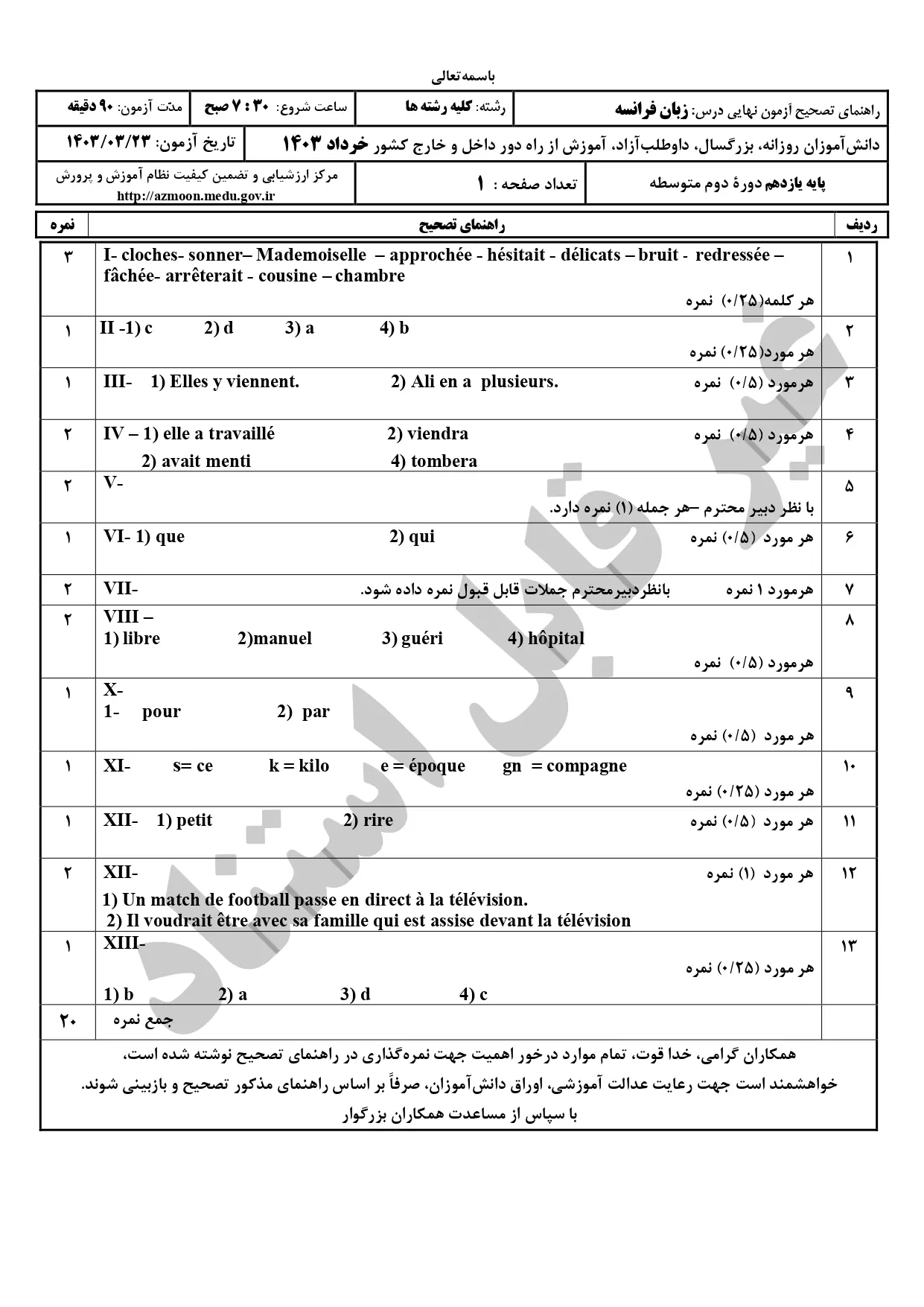 سوالات امتحان نهایی زبان فرانسه یازدهم خرداد ۱۴۰۳ + پاسخنامه تشریحی