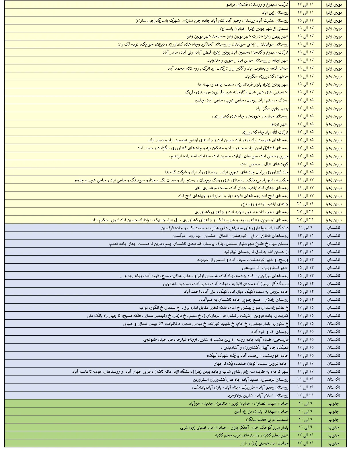 جدول خاموشی‌های برق قزوین در 8 مرداد منتشر شد