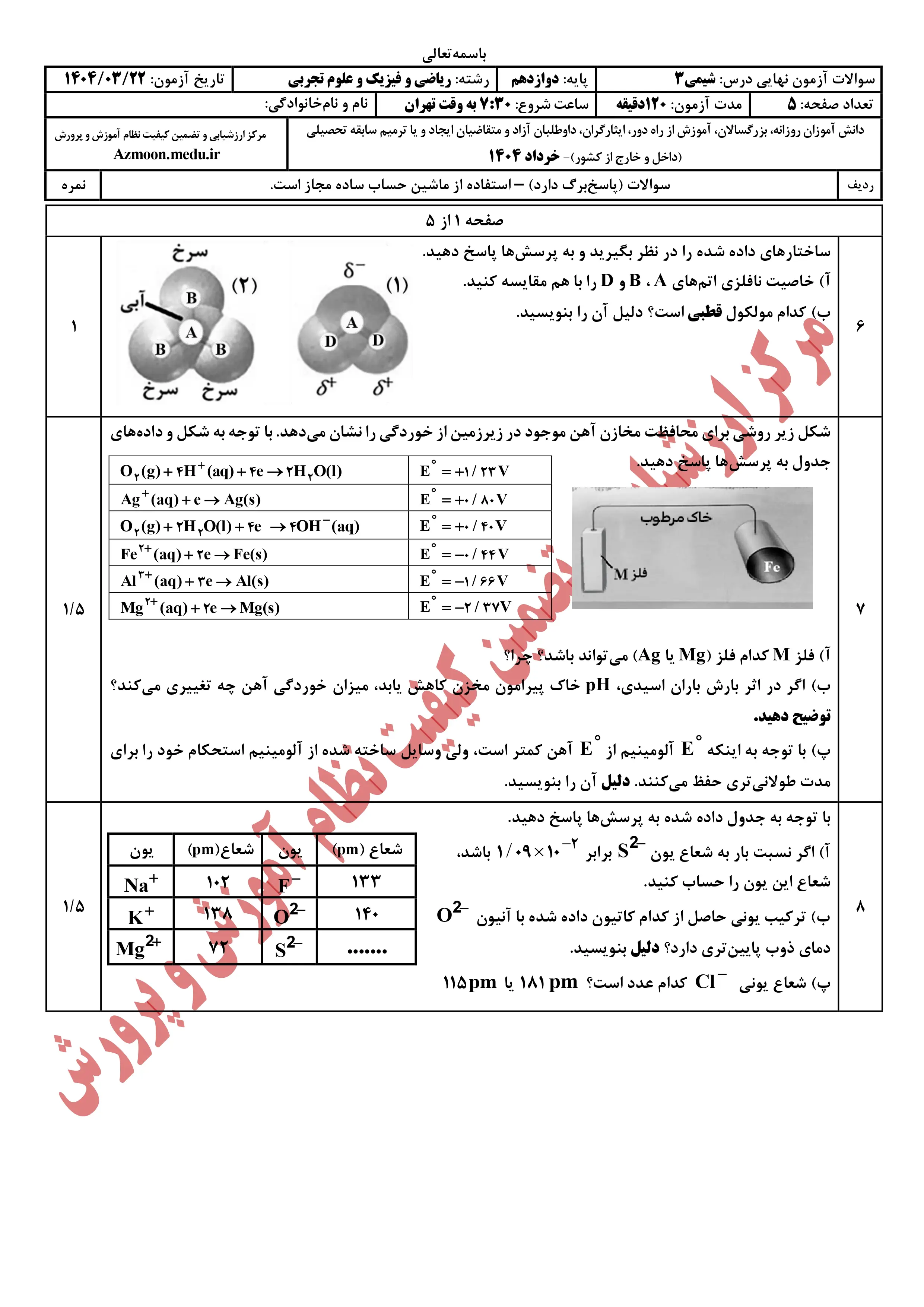 سوالات امتحان نهایی شیمی دوازدهم خرداد ۱۴۰۴ + پاسخنامه