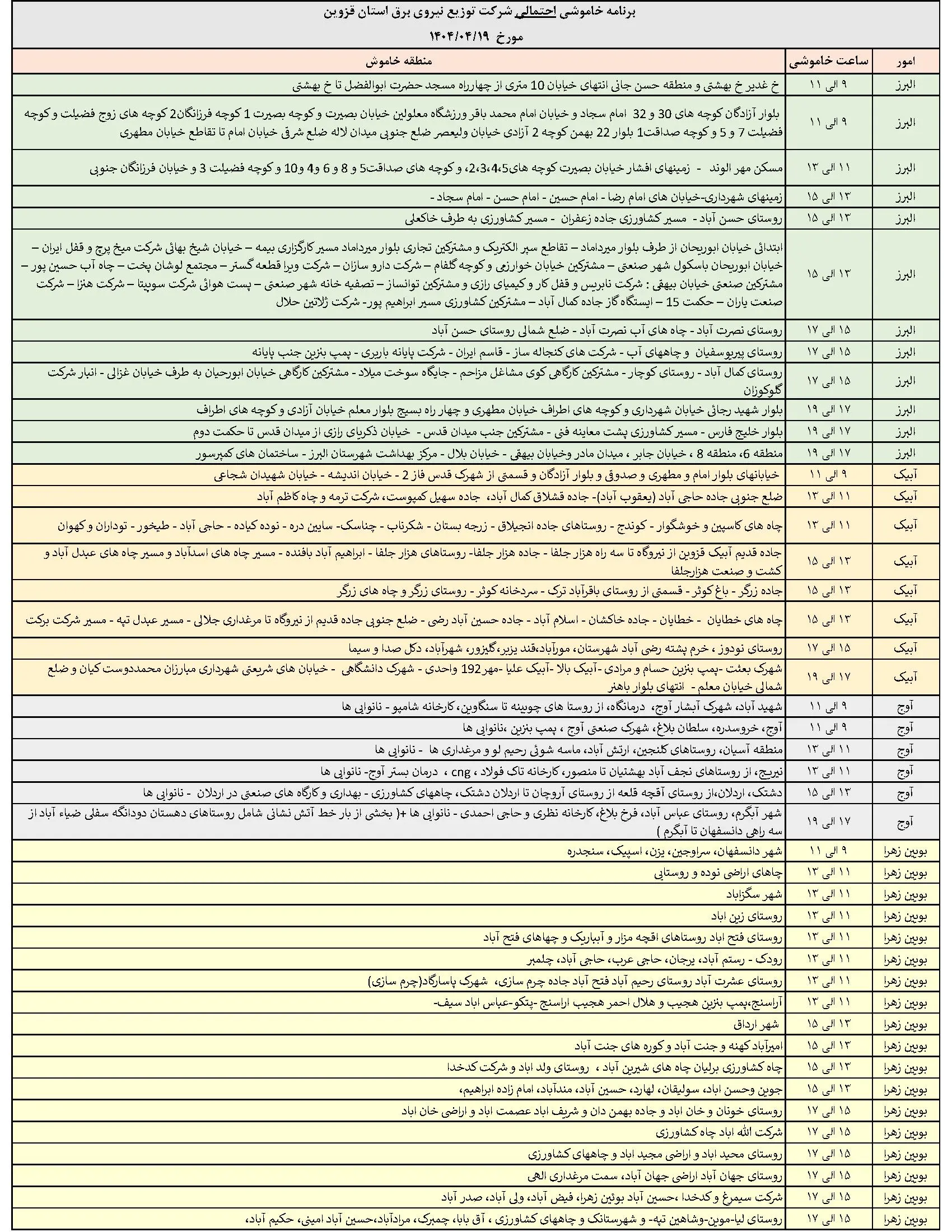 جدول خاموشی‌های برق قزوین در 19 تیر منتشر شد