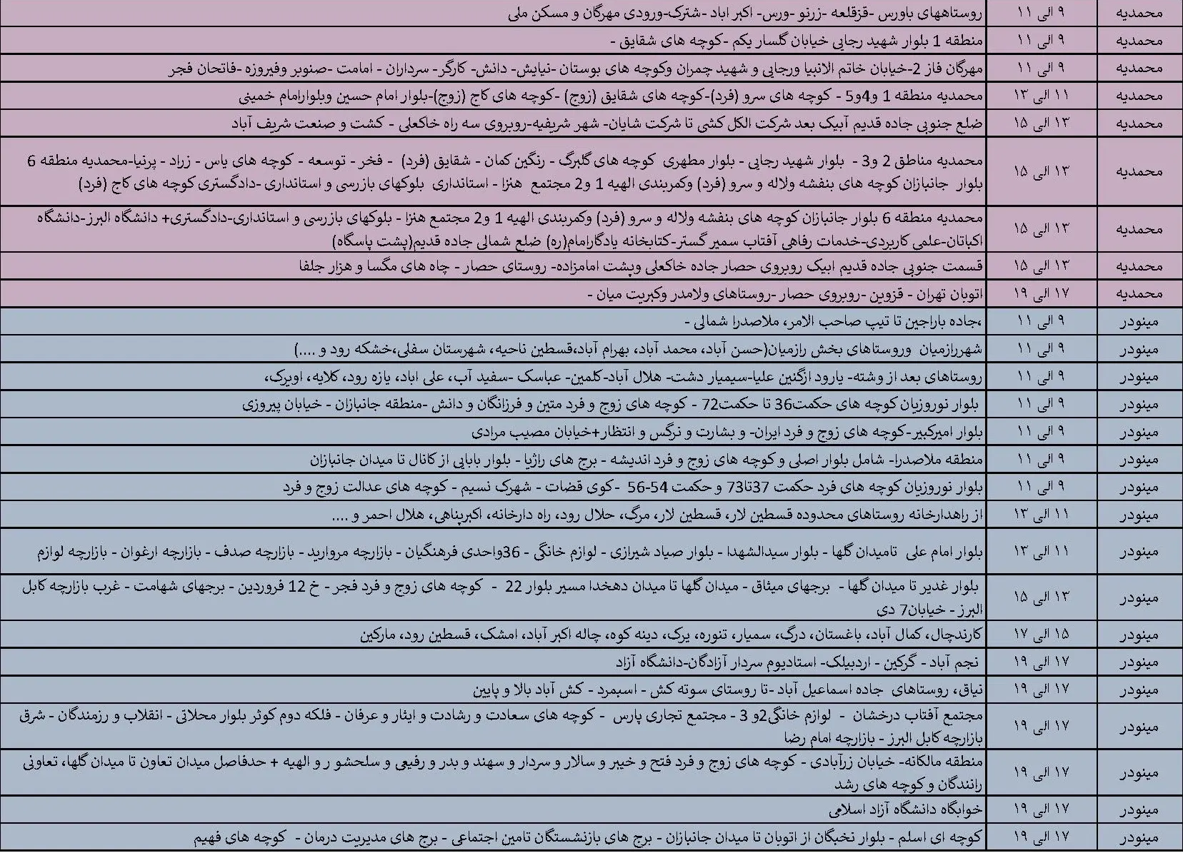 جدول خاموشی‌های برق قزوین در 17 تیر منتشر شد