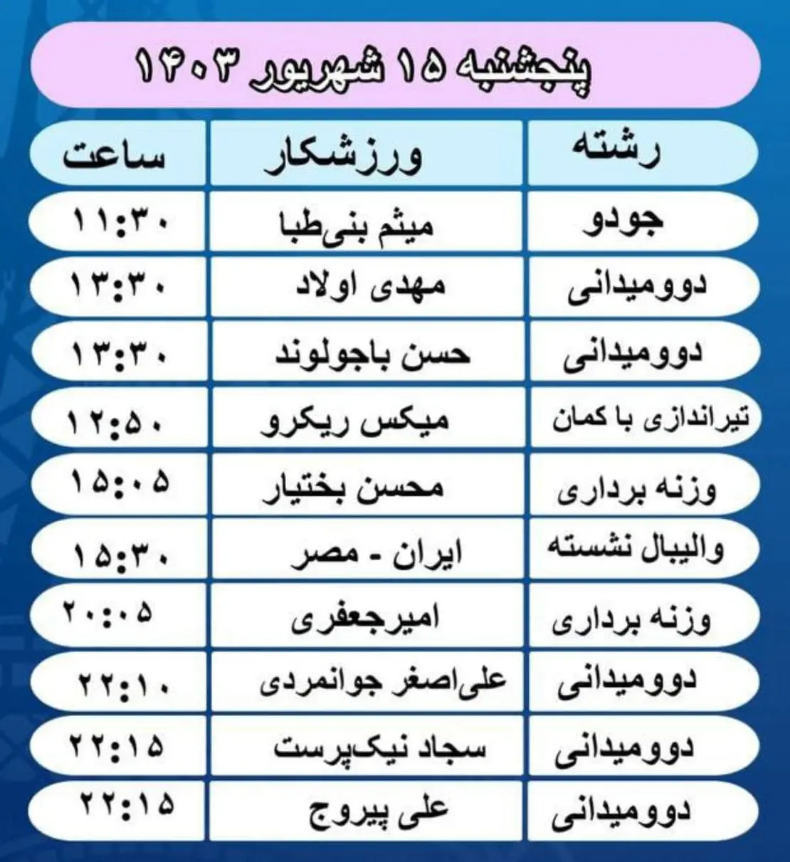 برنامه کاروان ایران در پارالمپیک پاریس