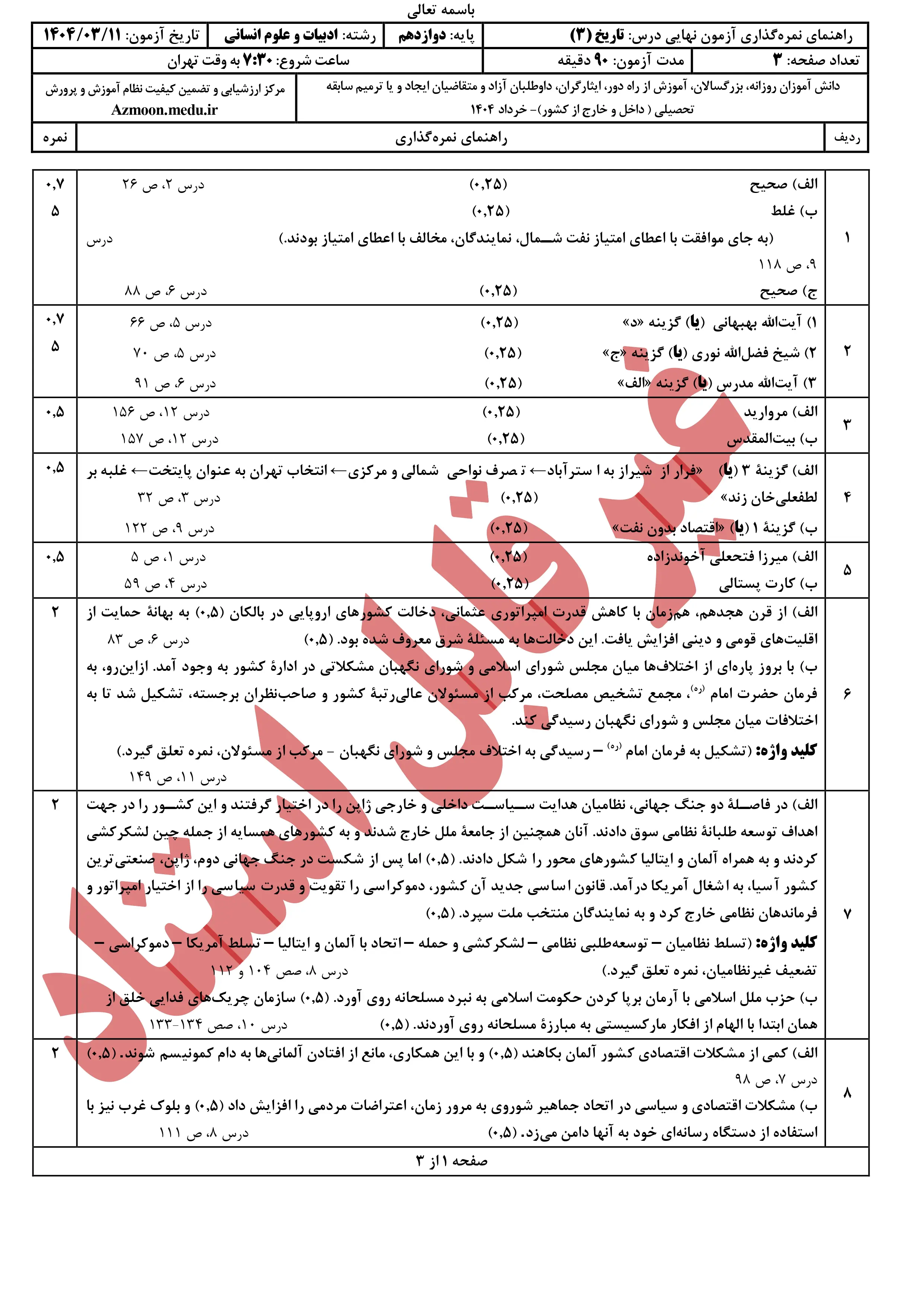 سوالات امتحان نهایی تاریخ دوازدهم خرداد ۱۴۰۴ + پاسخنامه (انسانی)