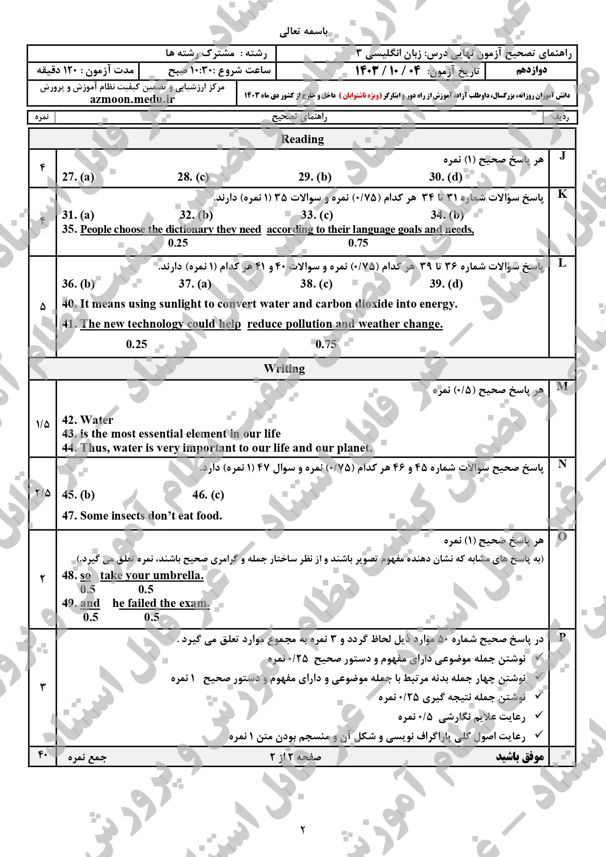 سوالات امتحان نهایی زبان انگلیسی دوازدهم دی ماه ۱۴۰۳ + پاسخنامه (ویژه ناشنوایان)