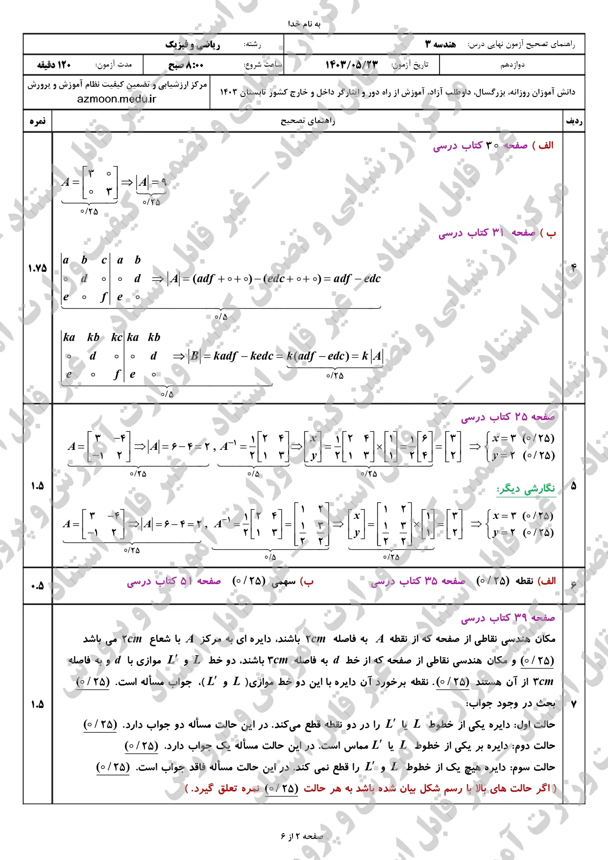 سوالات امتحان نهایی هندسه دوازدهم مرداد شهریور ۱۴۰۳ + پاسخنامه