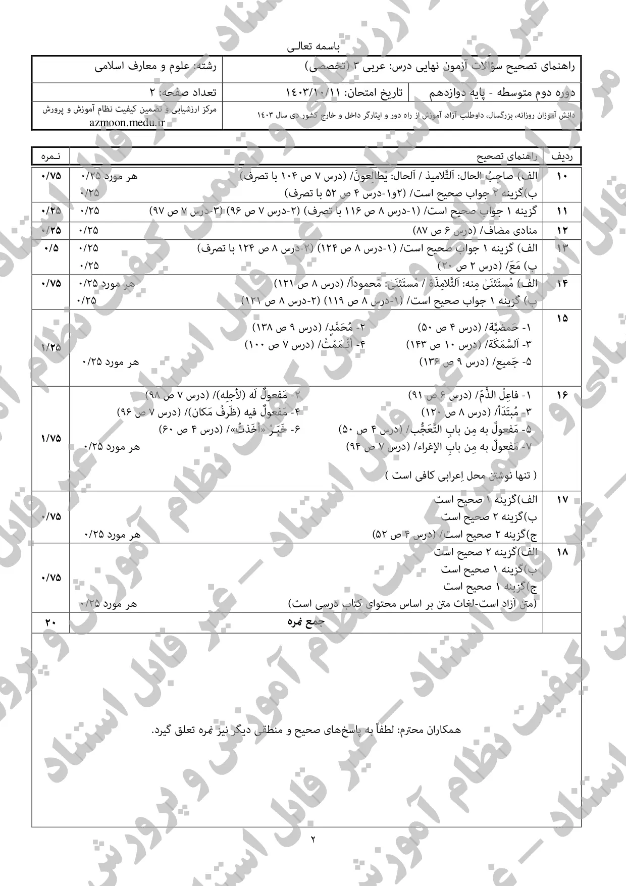 سوالات امتحان نهایی عربی معارف دوازدهم دی ماه ۱۴۰۳ + پاسخنامه