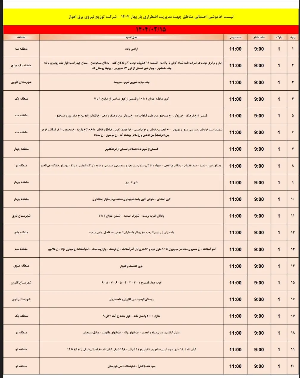 جدول خاموشی برق مناطق خوزستان امروز دوشنبه