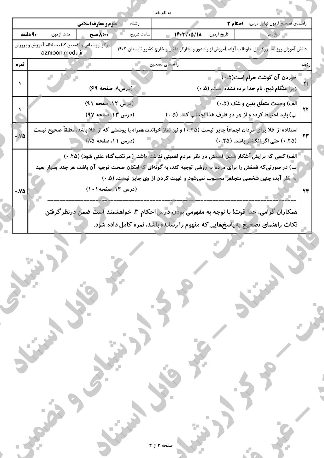 سوالات امتحان نهایی احکام دوازدهم مرداد شهریور ۱۴۰۳ + پاسخنامه