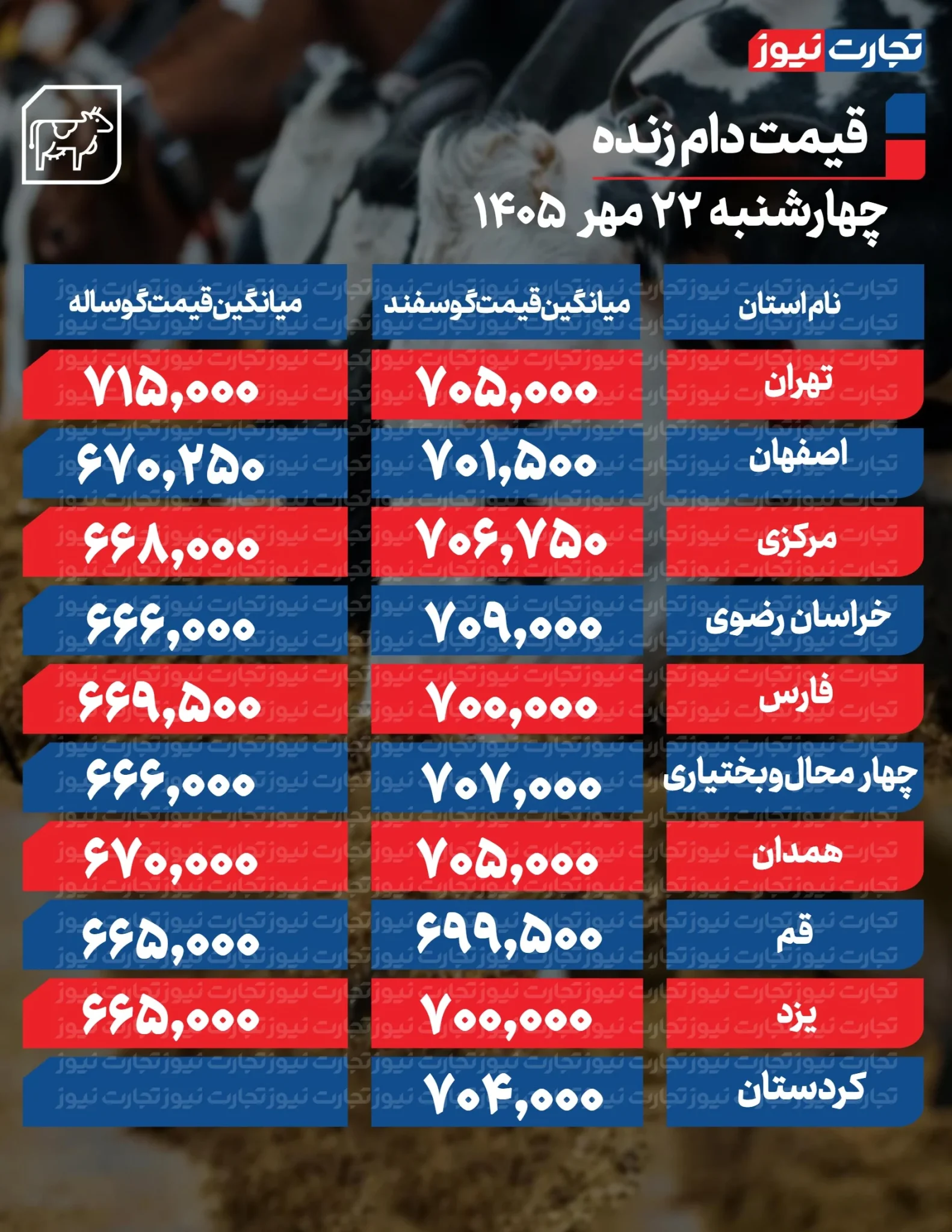 قیمت دام زنده امروز چهارشنبه ۲۲ مهر ۱۴۰۵ + جدول