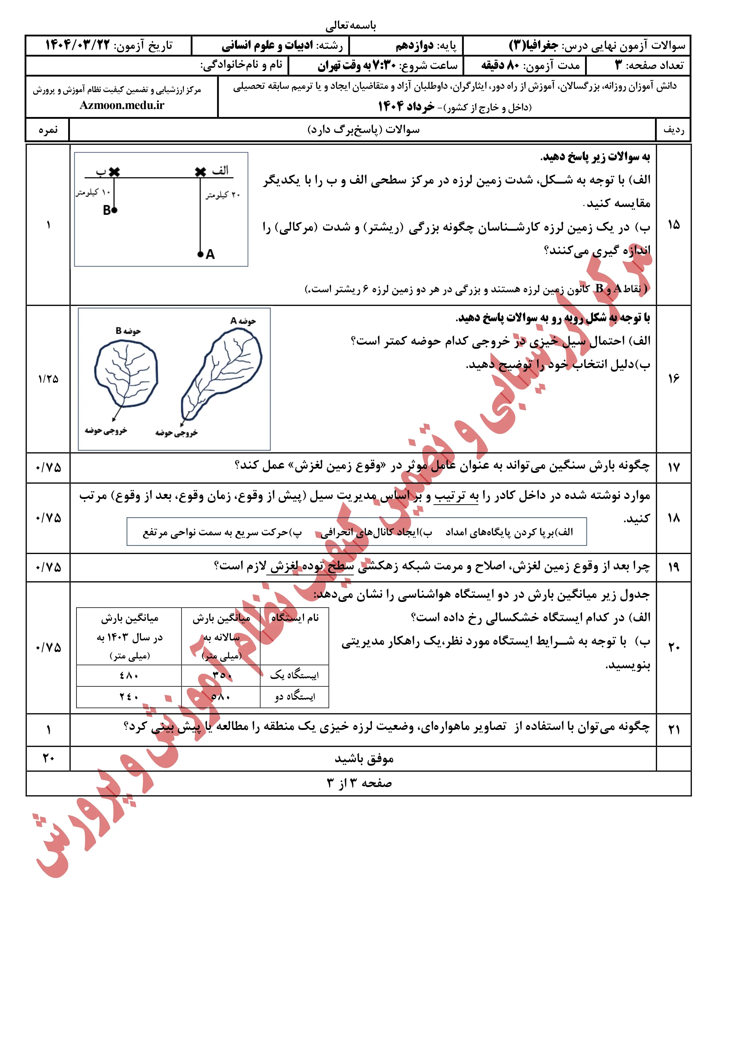 سوالات امتحان نهایی جغرافیا دوازدهم خرداد ۱۴۰۴ + پاسخنامه