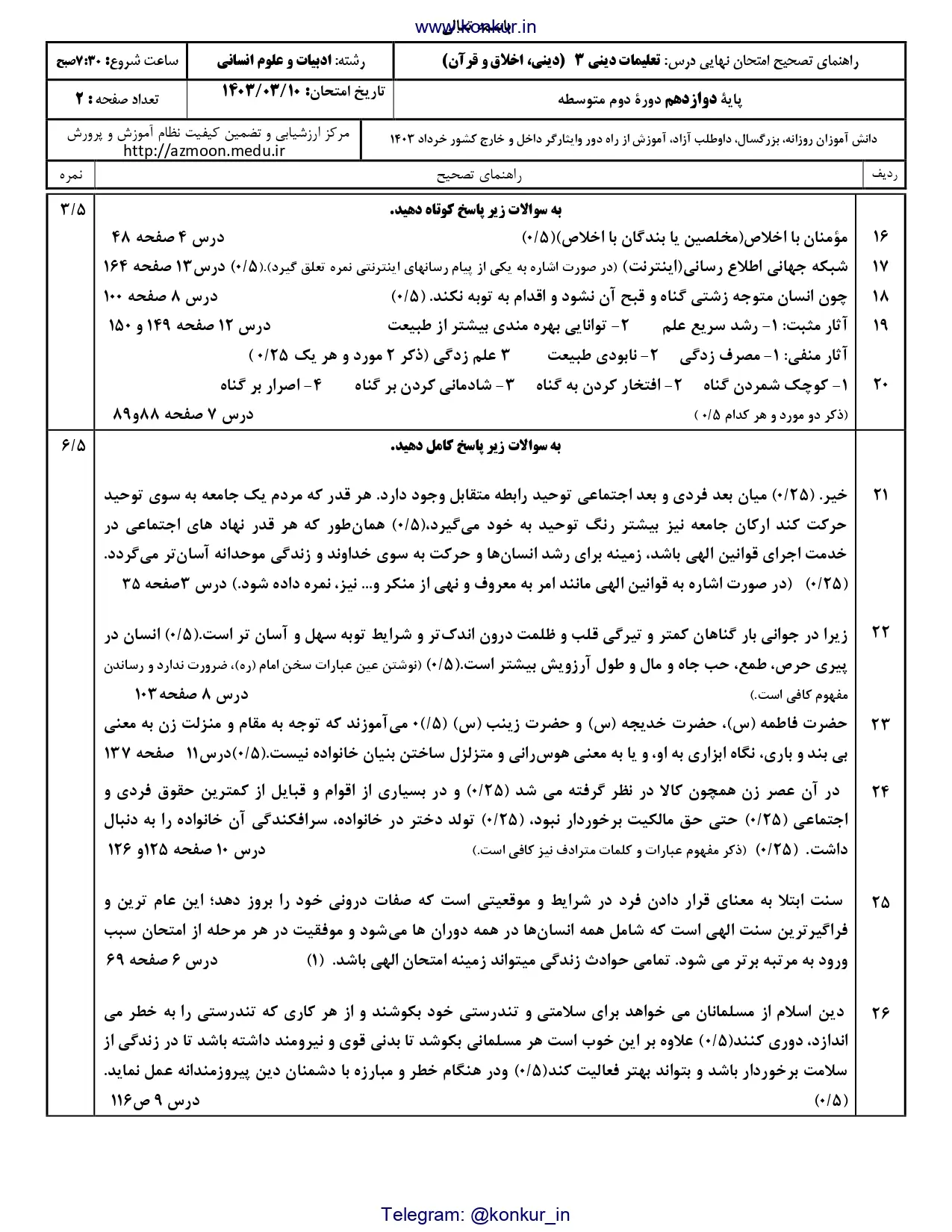 پاسخنامه تشریحی امتحان نهایی دین و زندگی دوازدهم انسانی خرداد ۱۴۰۳