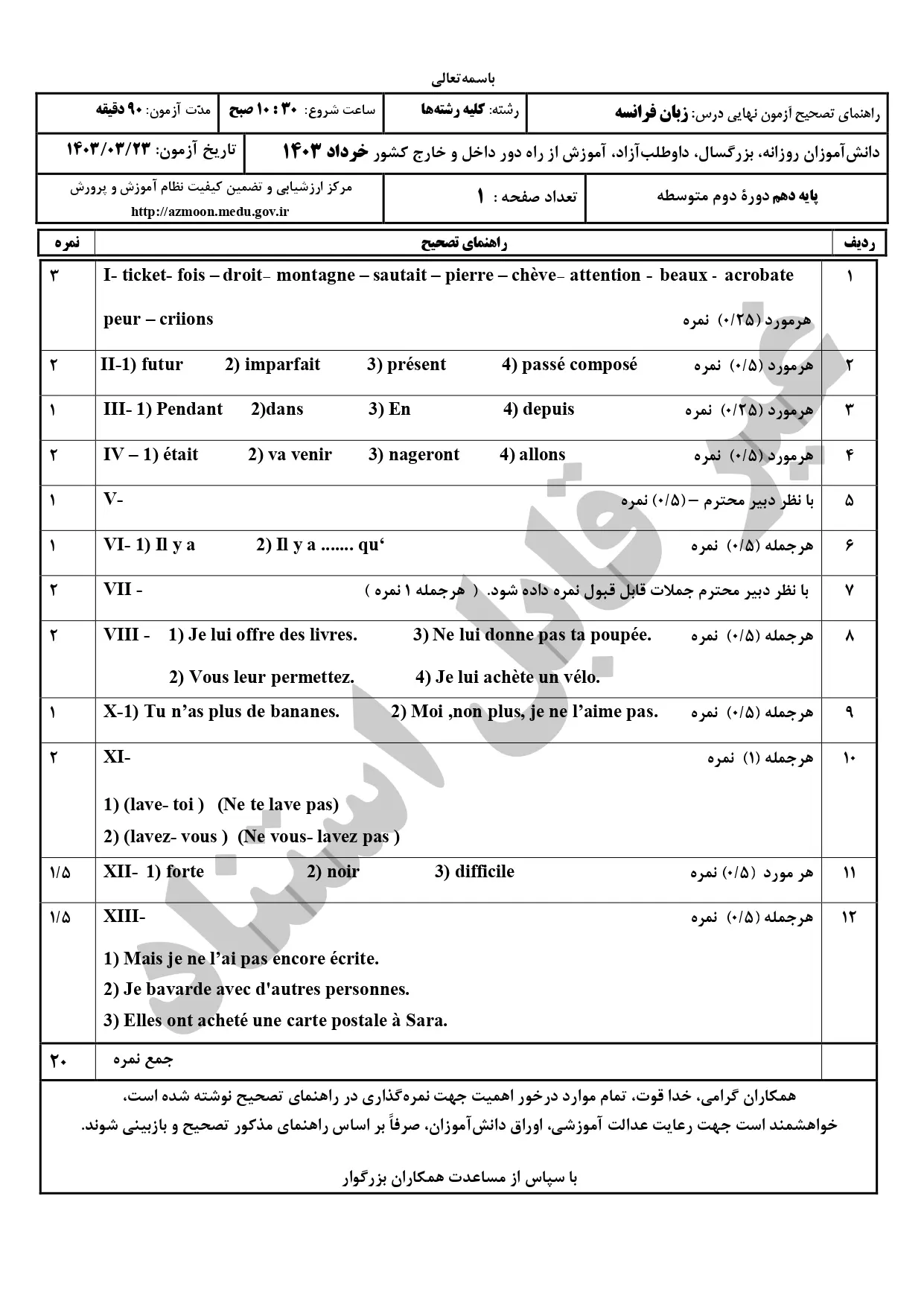 پاسخنامه تشریحی امتحان نهایی زبان فرانسه دهم خرداد ۱۴۰۳