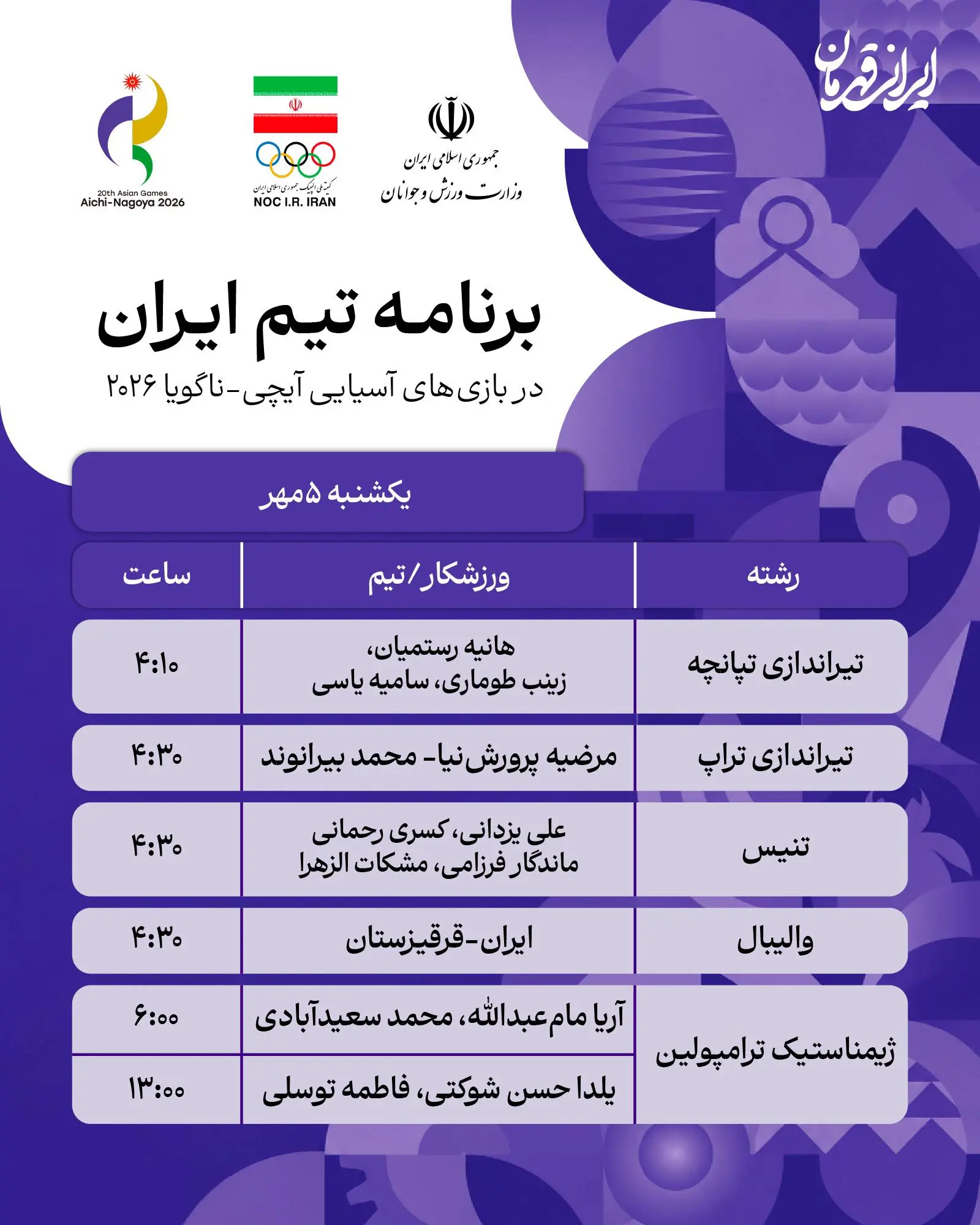 برنامه روز هشتم  نمایندگان ایران در بازی های آسیایی ناگویا