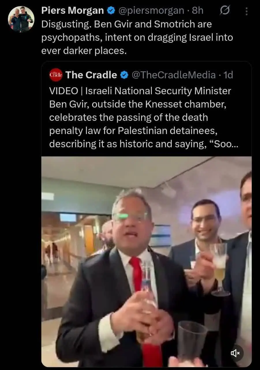 توییت پیرس مورگان:بن‌گویر و اسموتریچ روان‌پریش‌هایی هستند که مصرانه می‌خواهند اسرائیل را به جاهایی هرچه تاریک‌تر بکشانند + عکس