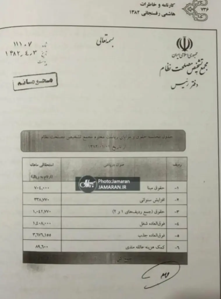 فیش حقوق هاشمی رفسنجانی منتشر شد + عکس