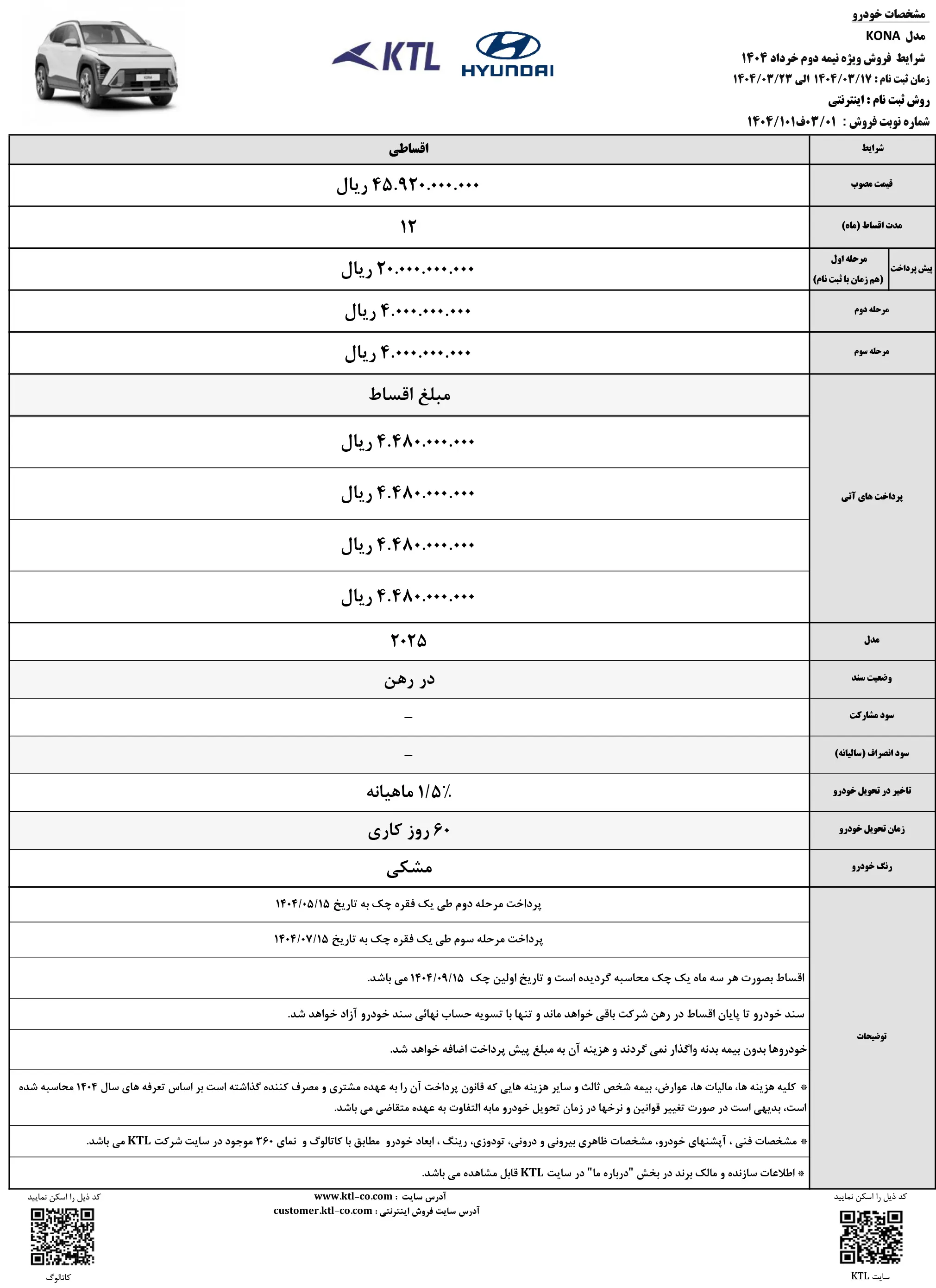 آغاز فروش اقساطی هیوندای کونا ۲۰۲۵ شرکت KTL