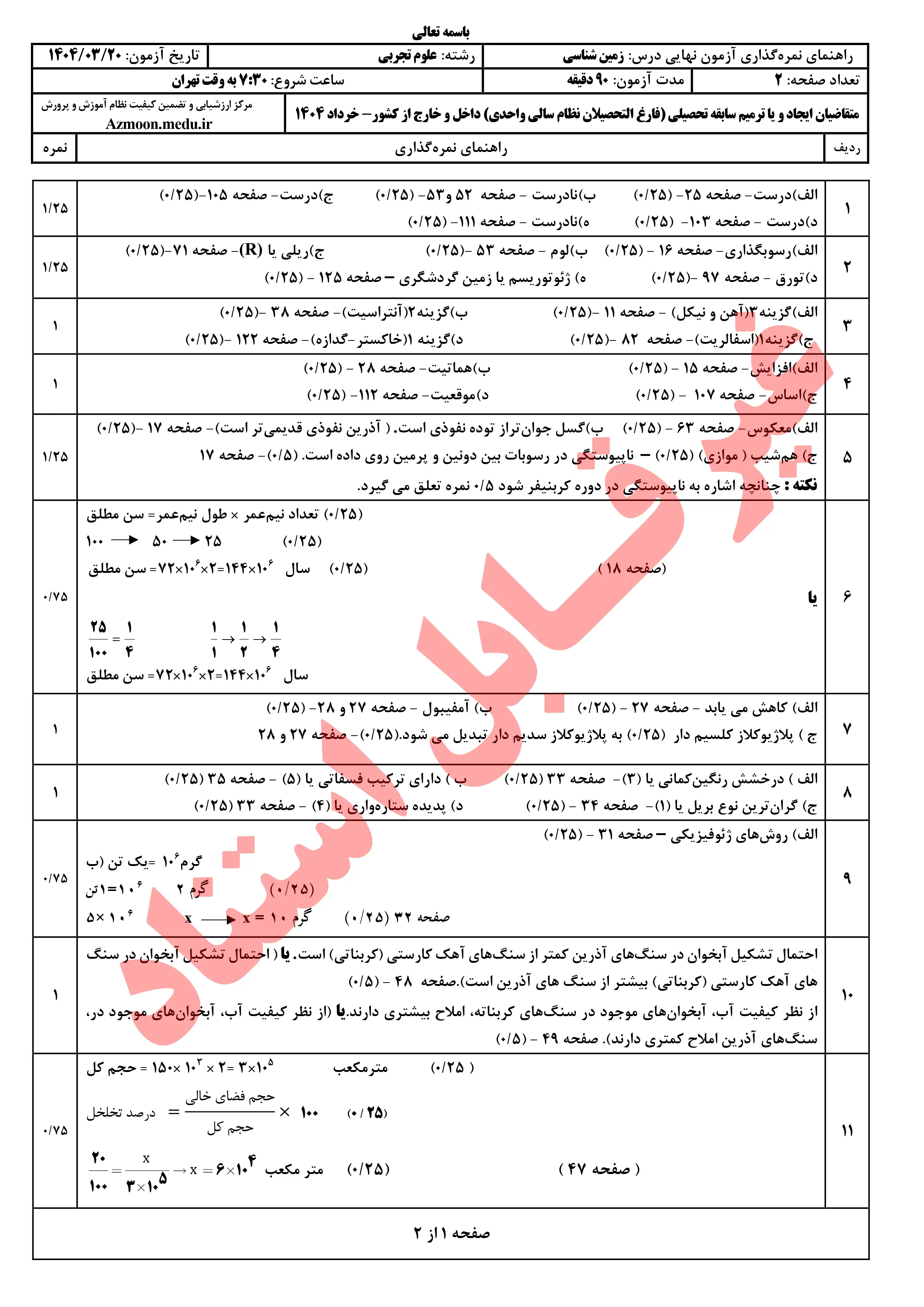 سوالات امتحان نهایی زمین شناسی دوازدهم خرداد ۱۴۰۴ + پاسخنامه