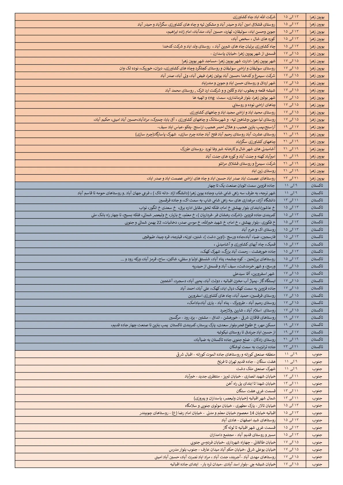 جدول خاموشی‌های برق قزوین در 11 مرداد منتشر شد
