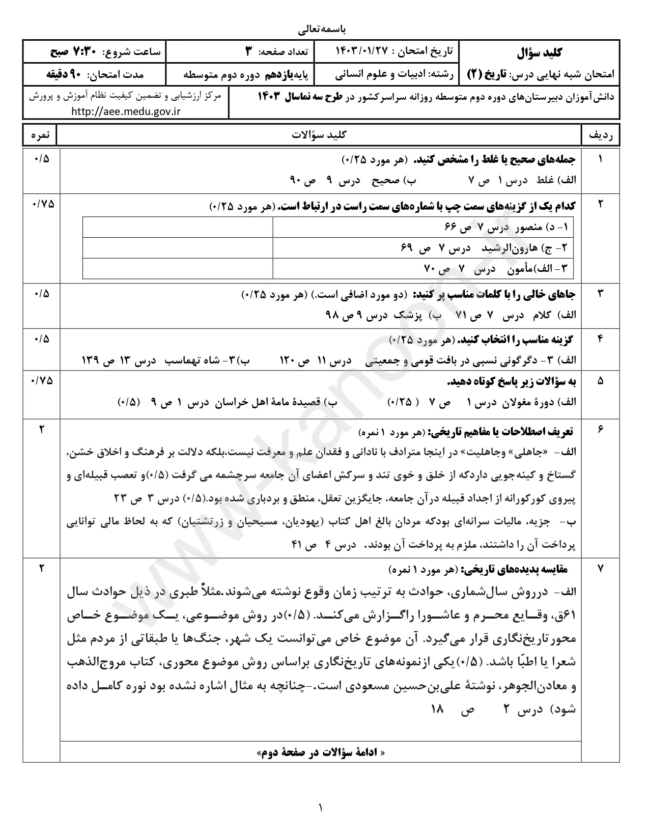 سوالات امتحان شبه نهایی تاریخ ۲ انسانی یازدهم ۱۴۰۳ با پاسخنامه تشریحی (نوبت صبح)