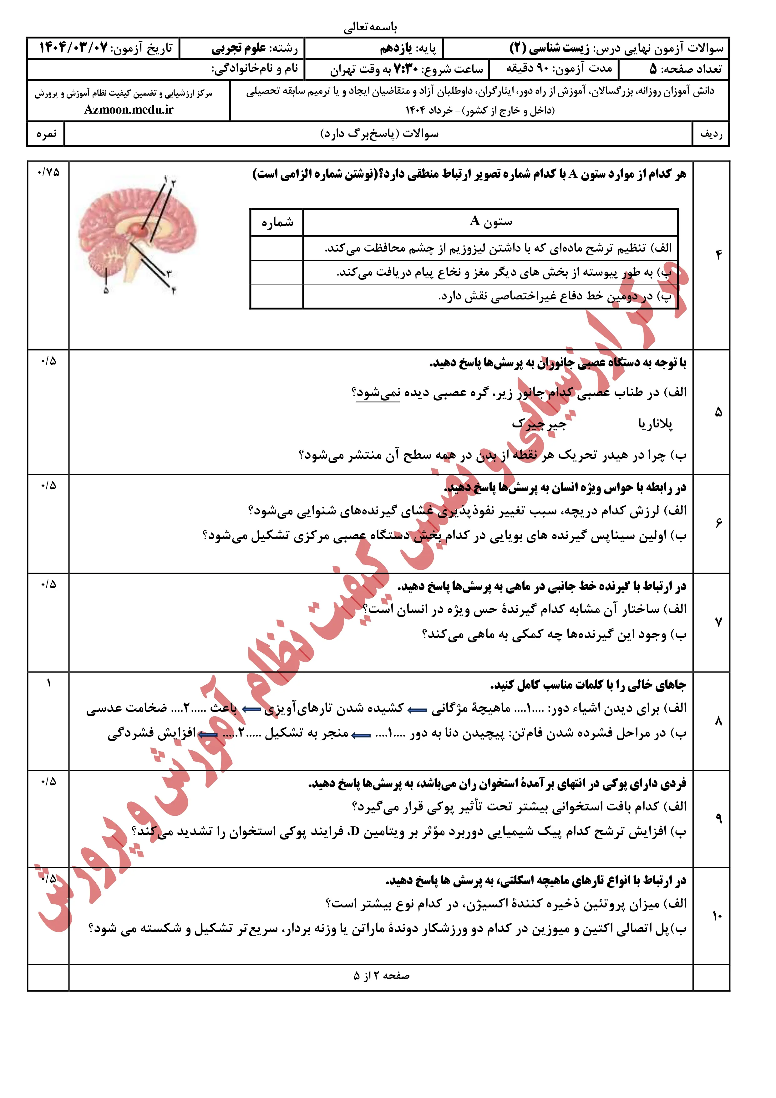 سوالات امتحان نهایی زیست شناسی یازدهم خرداد ۱۴۰۴ + پاسخنامه 