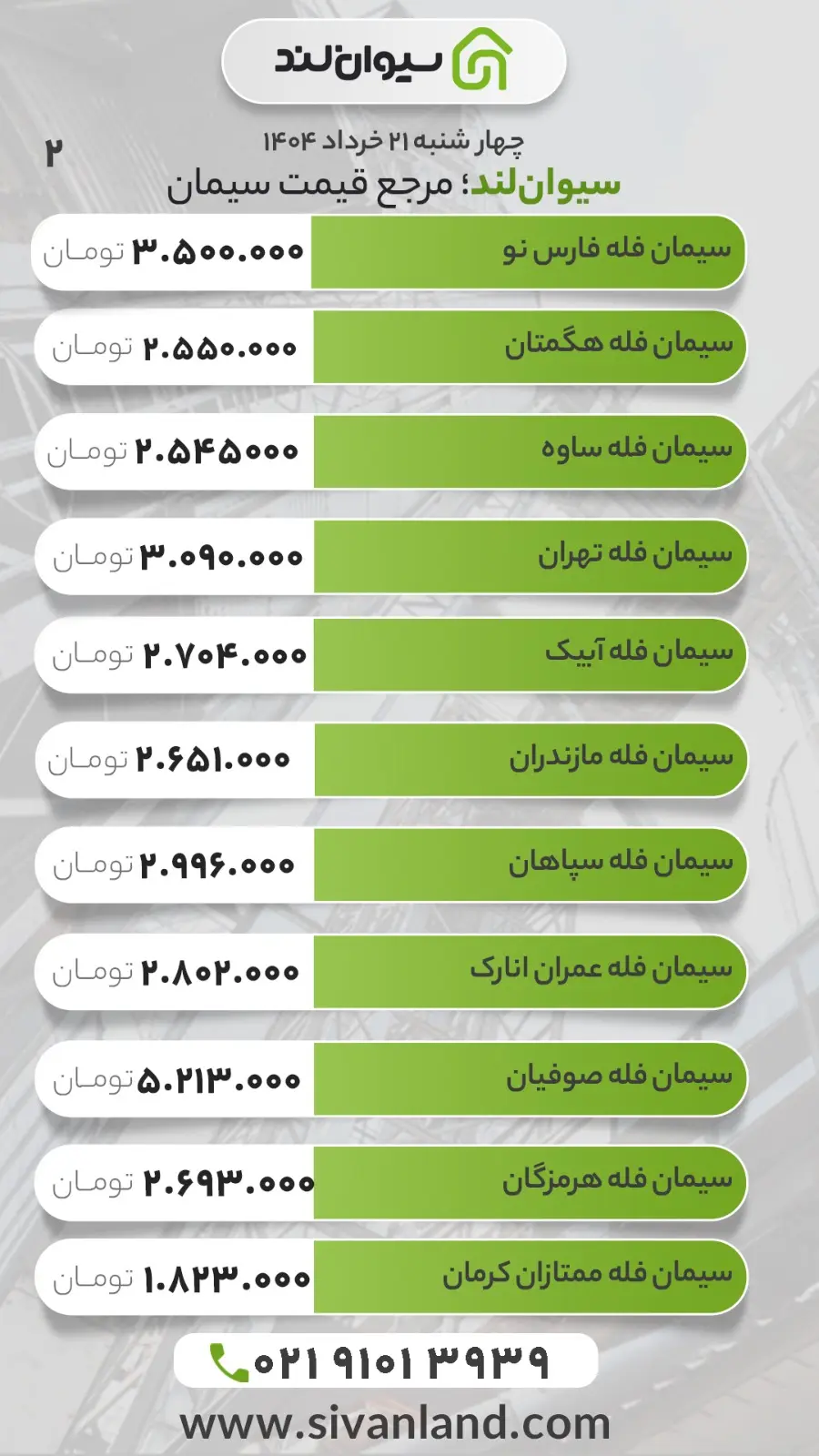 قیمت سیمان امروز 21 خرداد 