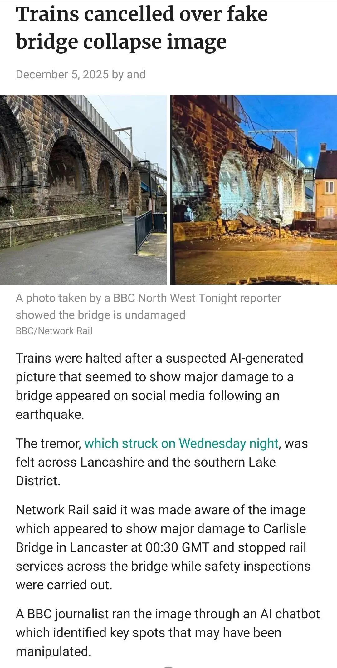 پس از انتشار تصویری از یک پل تخریب شده توسط هوش مصنوعی قطارهای این مسیر در انگلیس متوقف شدند + عکس