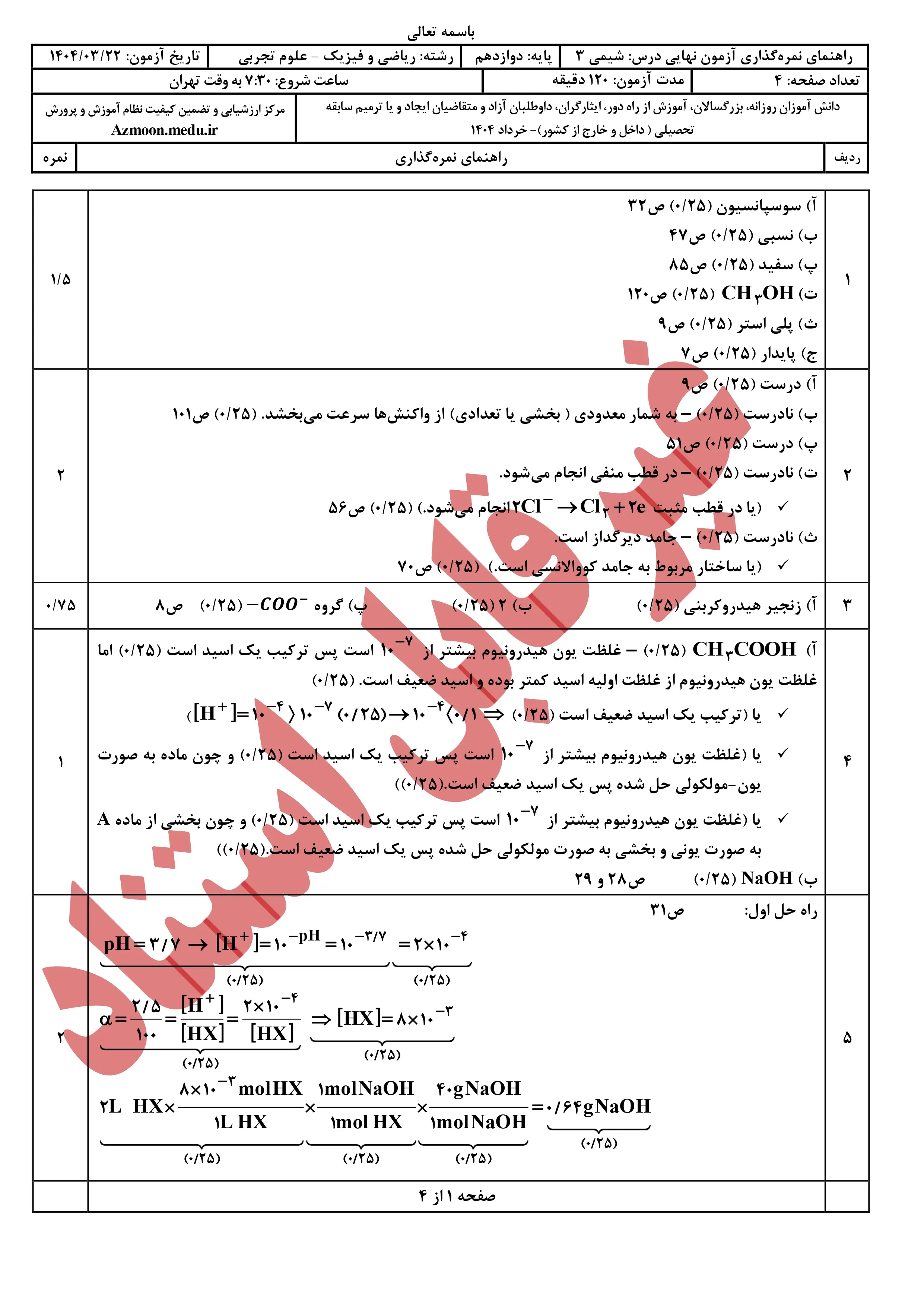 سوالات امتحان نهایی شیمی دوازدهم خرداد ۱۴۰۴ + پاسخنامه