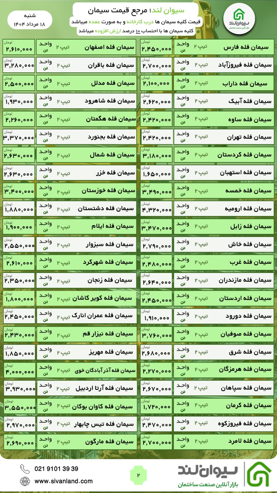 قیمت سیمان شنبه 18 مرداد