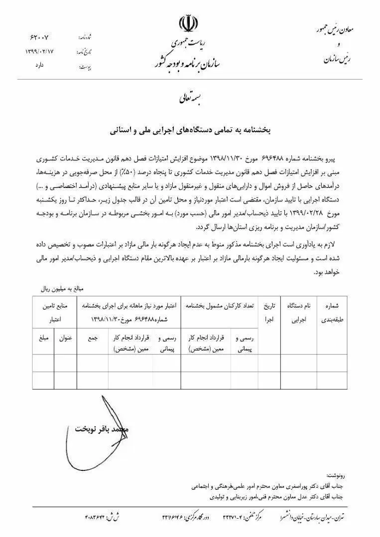 افزایش ۵۰ درصد امتیازات فصل دهم منوط به عدم ایجاد بار مالی جدید است