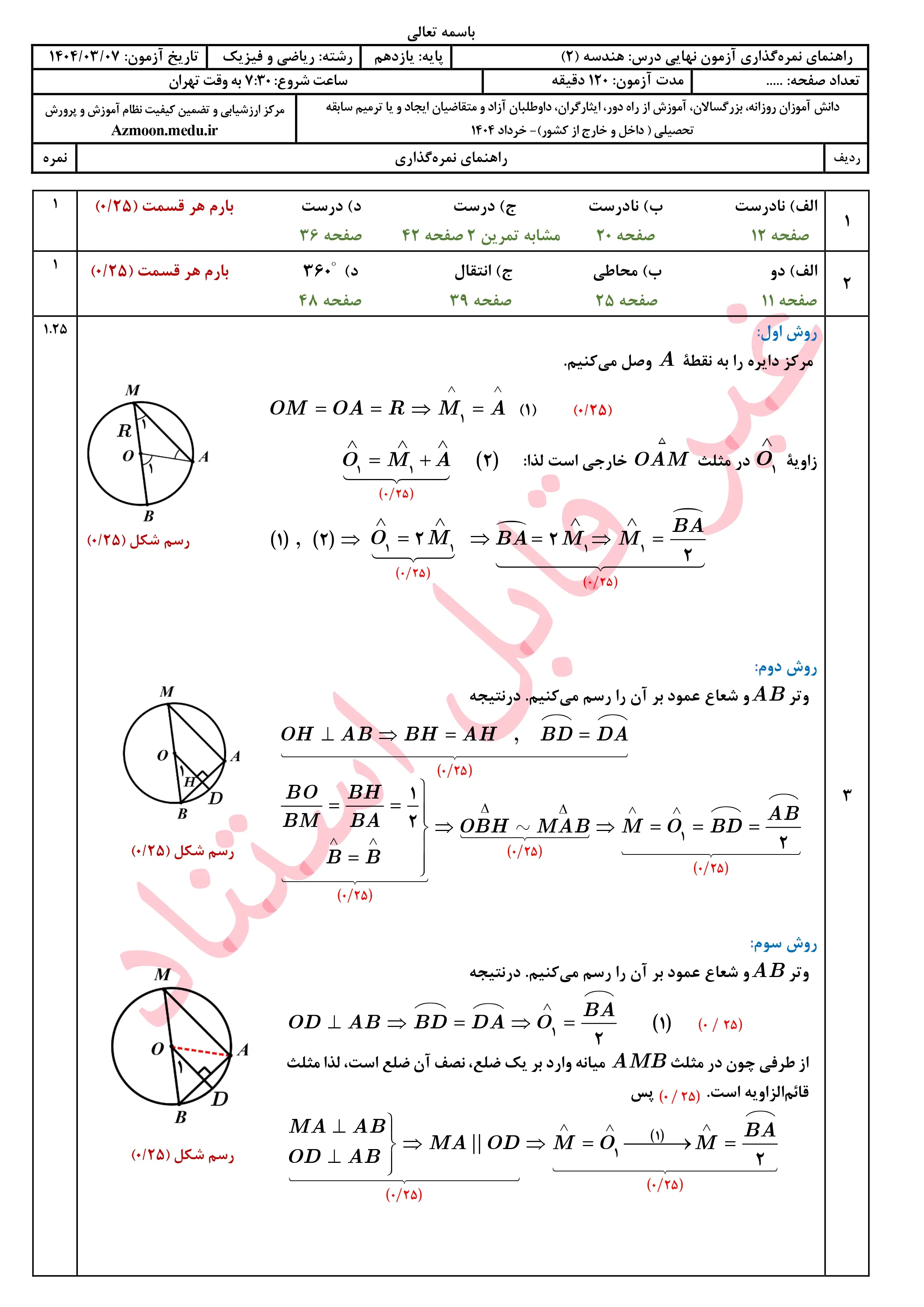 سوالات امتحان نهایی هندسه یازدهم خرداد ۱۴۰۴ + پاسخنامه