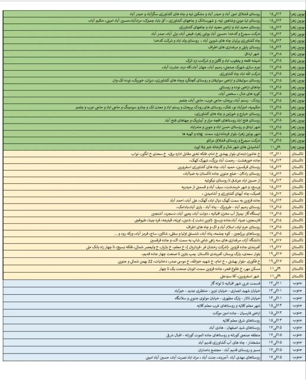 لیست خاموشی‌های 20 اردیبهشت در قزوین منتشر شد