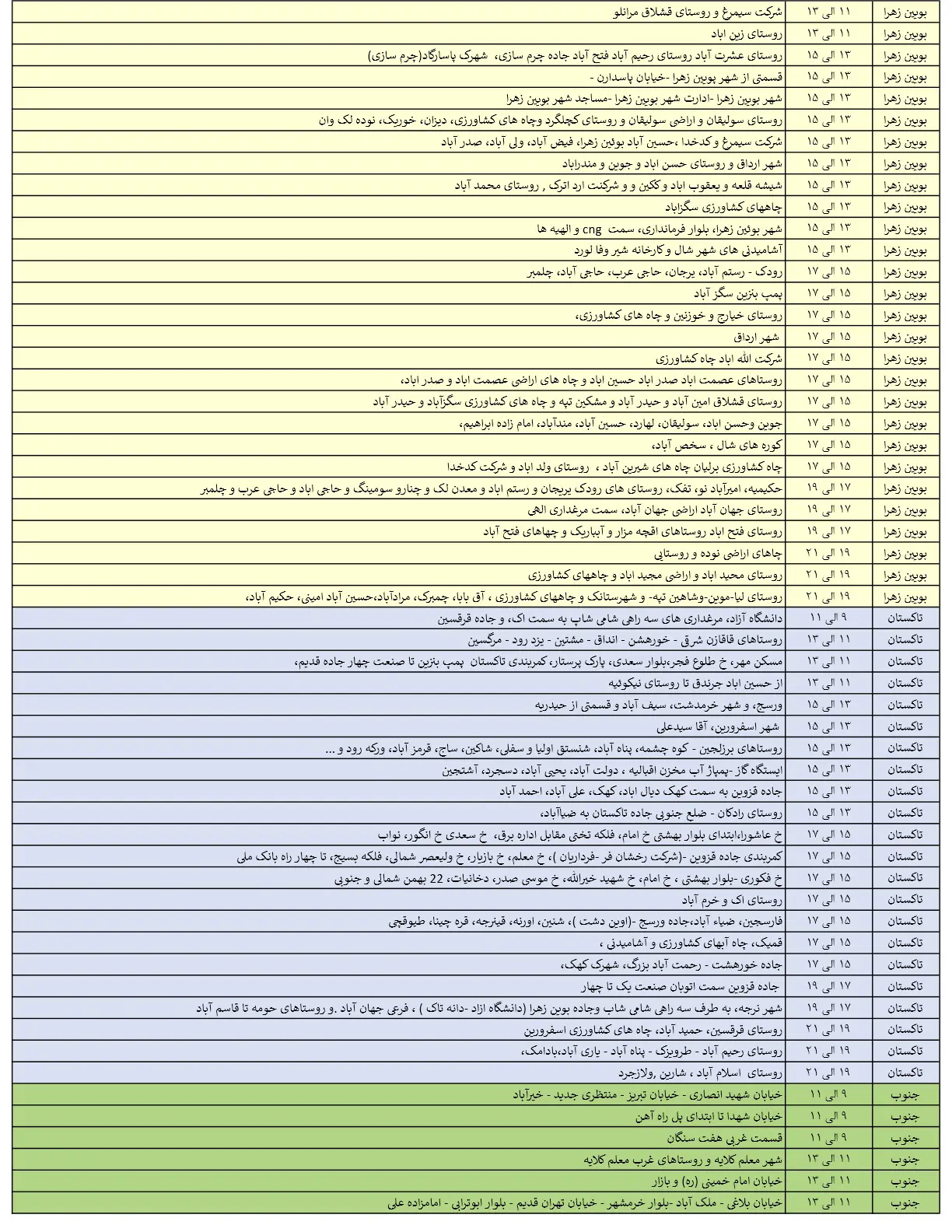 جدول خاموشی‌های برق قزوین در 7 مرداد منتشر شد
