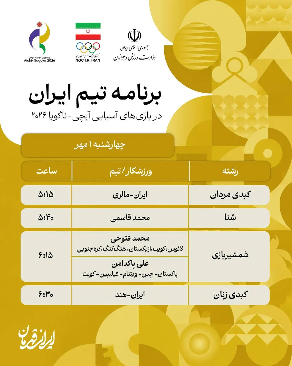 برنامه روز چهارم نمایندگان ایران در بازی های آسیایی ناگویا