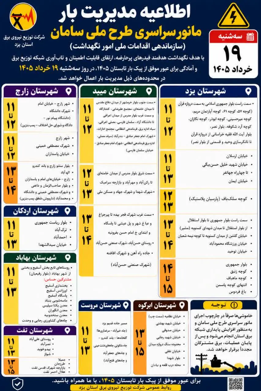 برق برخی مناطق استان یزد فردا قطع می‌شود