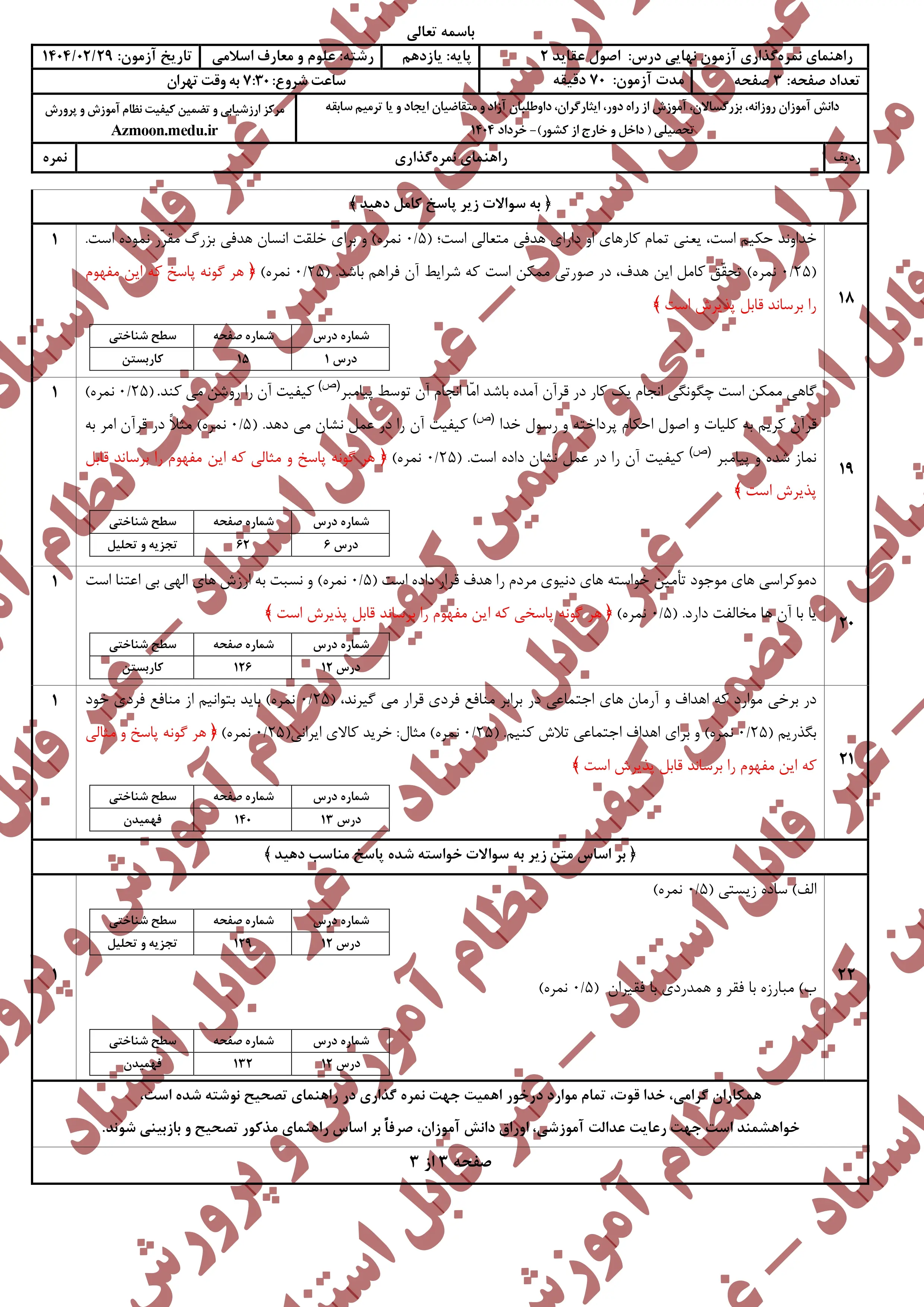 سوالات امتحان نهایی اصول و عقاید ۲ یازدهم خرداد ۱۴۰۴ (معارف) + پاسخنامه
