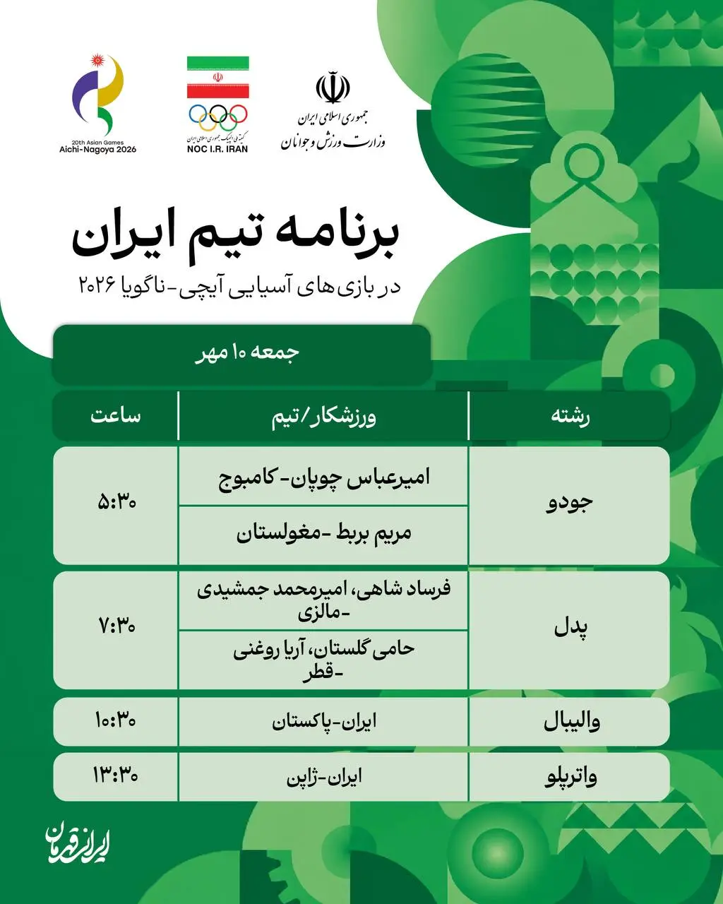 برنامه روز سیزدهم نمایندگان ایران در بازی های آسیایی ناگویا