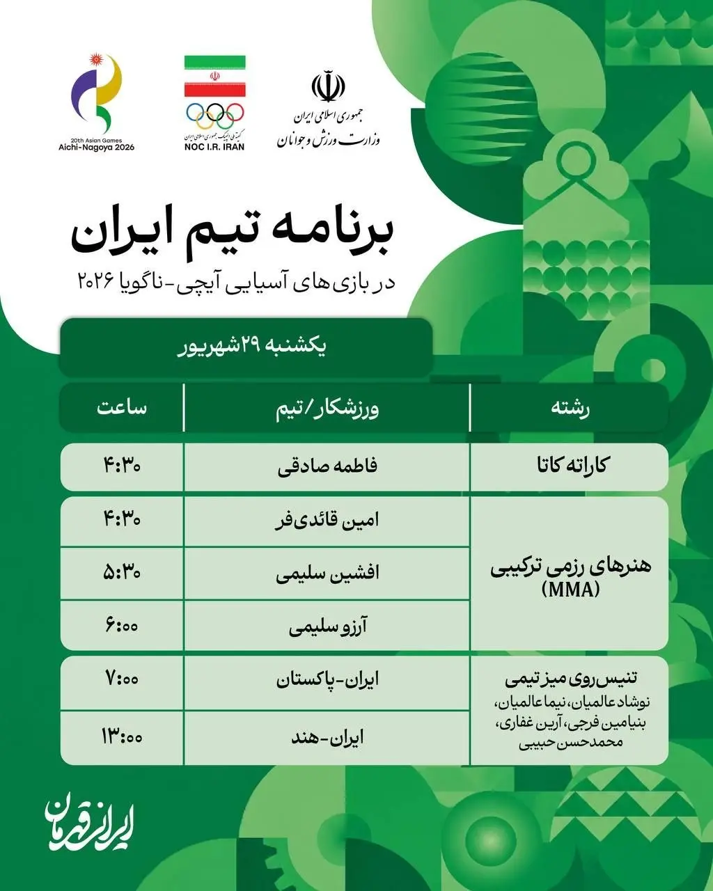 پوشش زنده نتایج نمایندگان ایران: شروع والیبالیست های ساحلی باز با برد/ پیروزی تنیس روی میز مقابل پاکستان