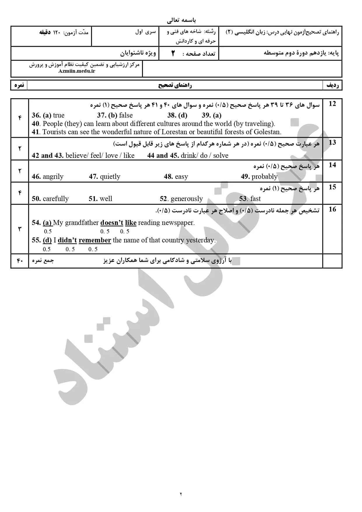 سوالات امتحان نهایی زبان انگلیسی ۲ - ناشنوایان خرداد ۱۴۰۳ (فنی و حرفه ای و کاردانش) + پاسخنامه تشریحی