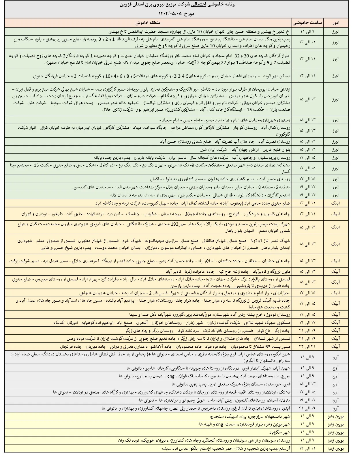جدول خاموشی‌های برق قزوین در 5 مرداد منتشر شد