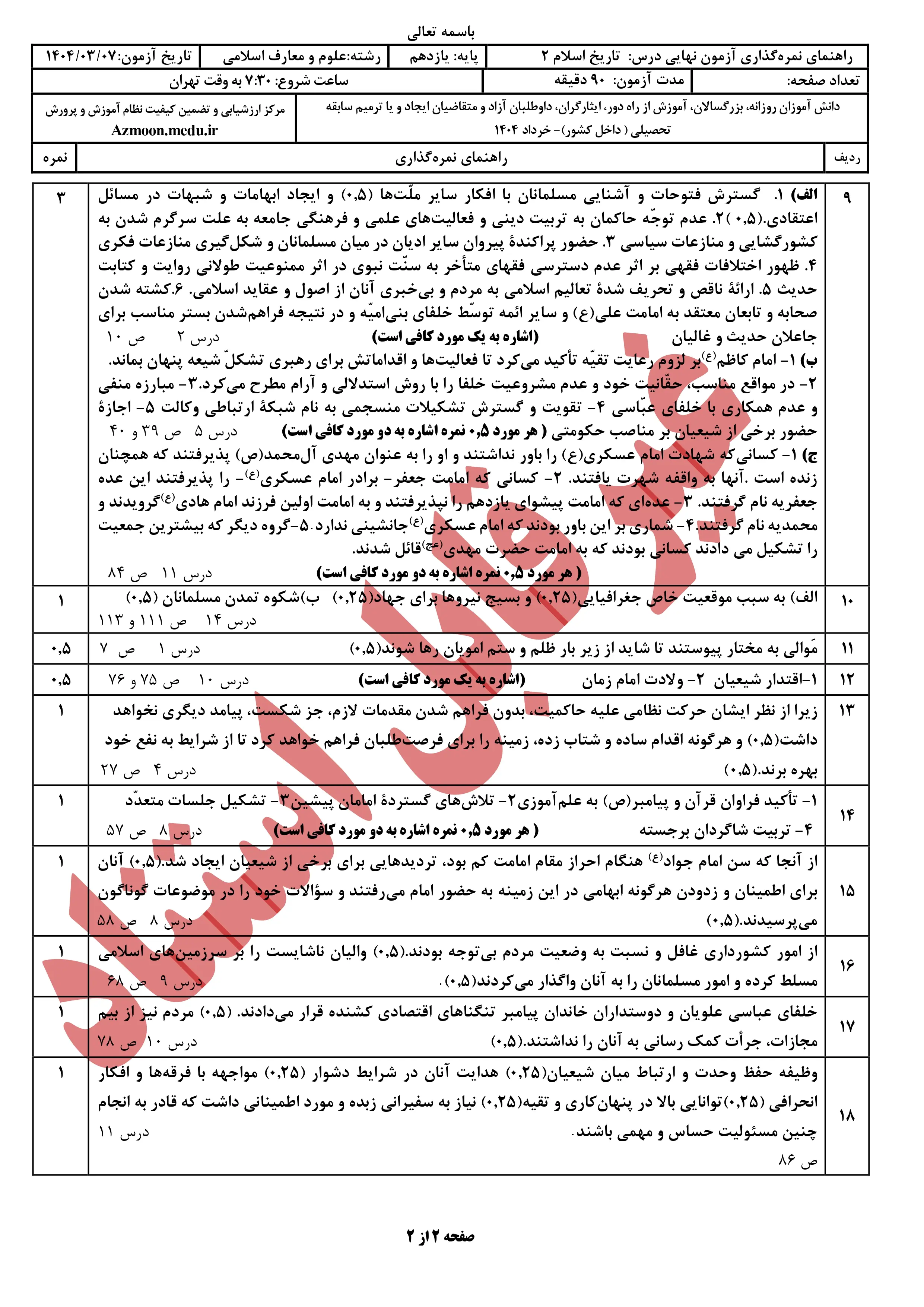 سوالات امتحان نهایی تاریخ یازدهم معارف خرداد ۱۴۰۴ + پاسخنامه
