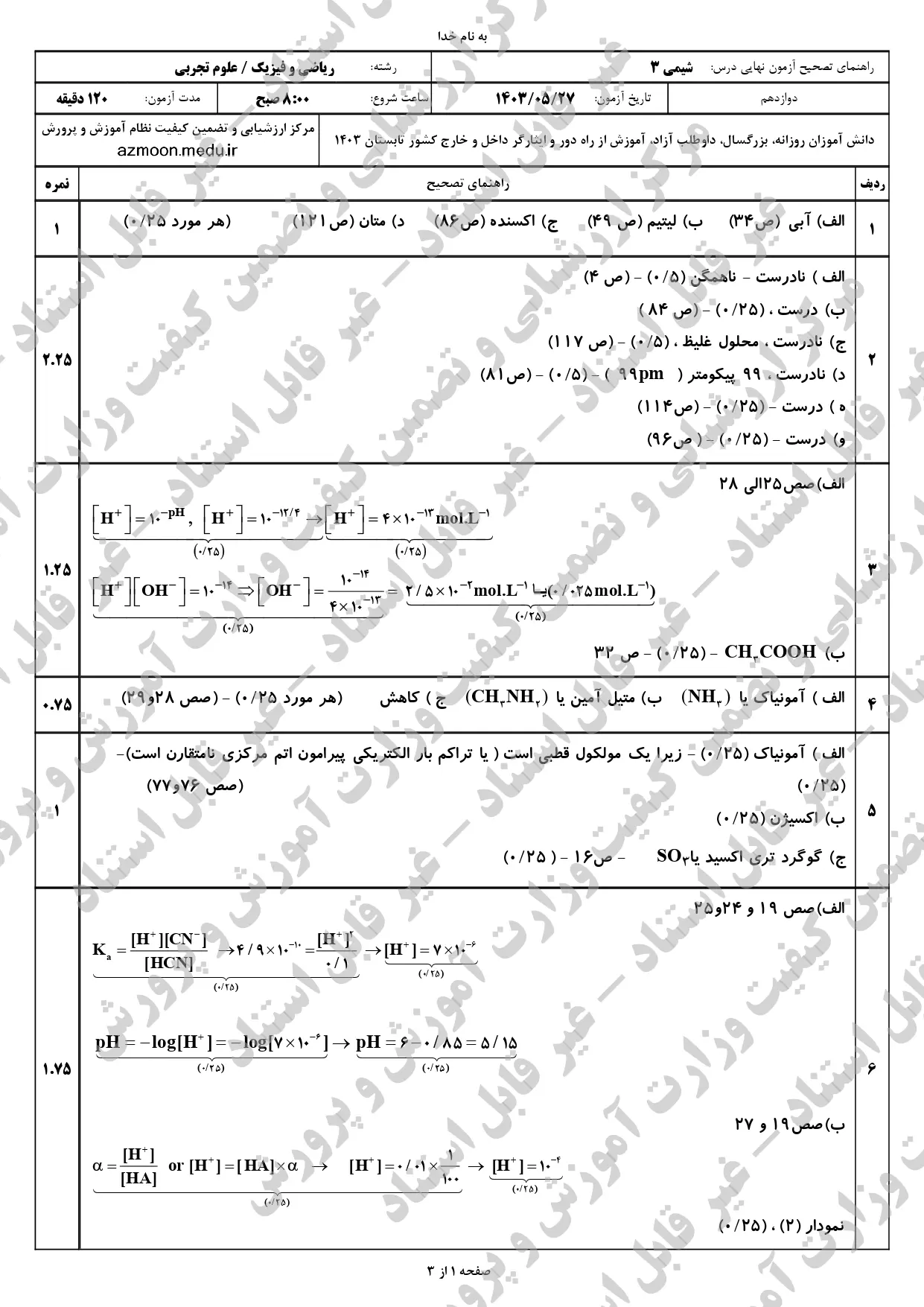 پاسخنامه امتحان نهایی شیمی دوازدهم تجربی و ریاضی مرداد شهریور ۱۴۰۳