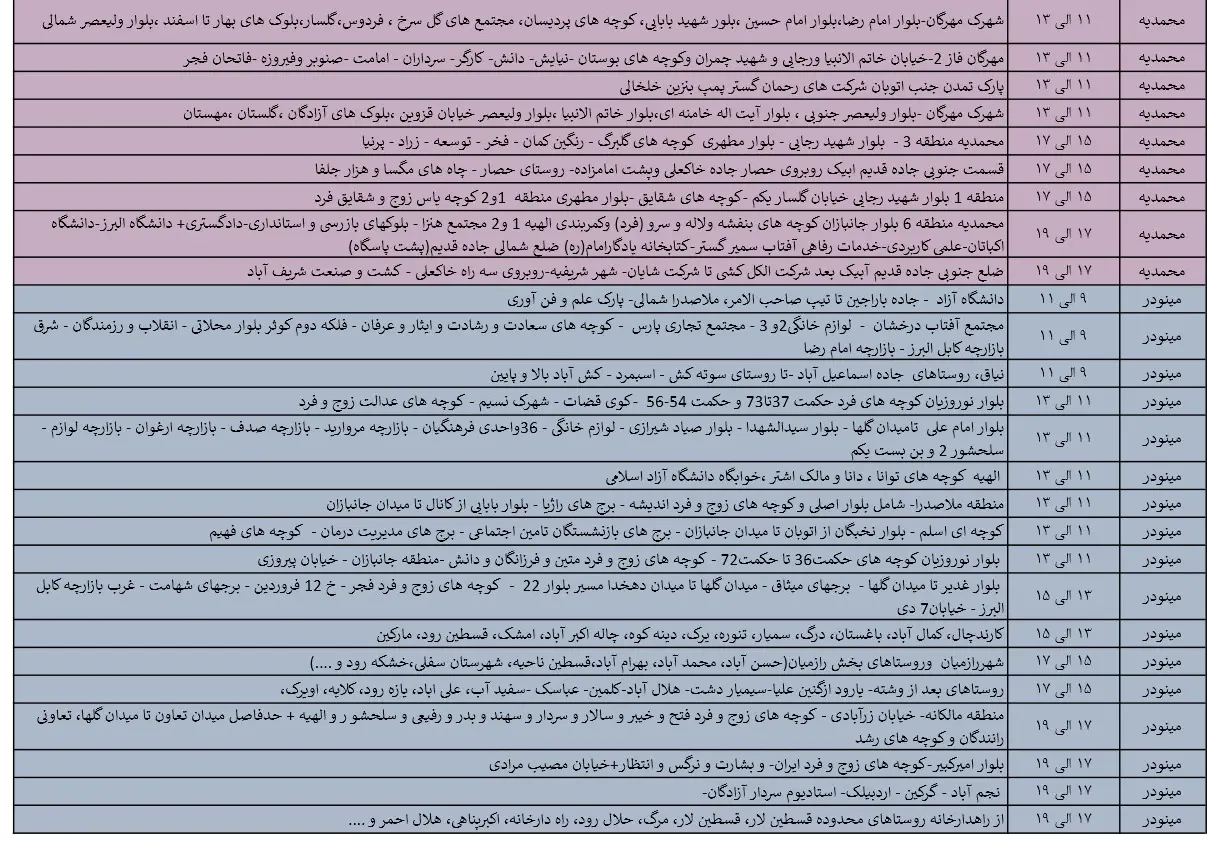جدول خاموشی‌های برق قزوین در 14 مرداد منتشر شد