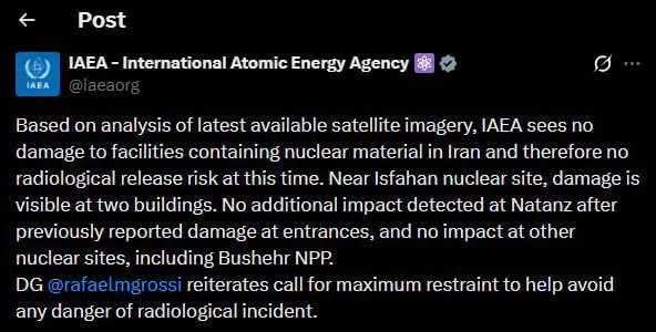 تأسیسات حاوی مواد هسته‌ای در ایران آسیب ندیده‌اند