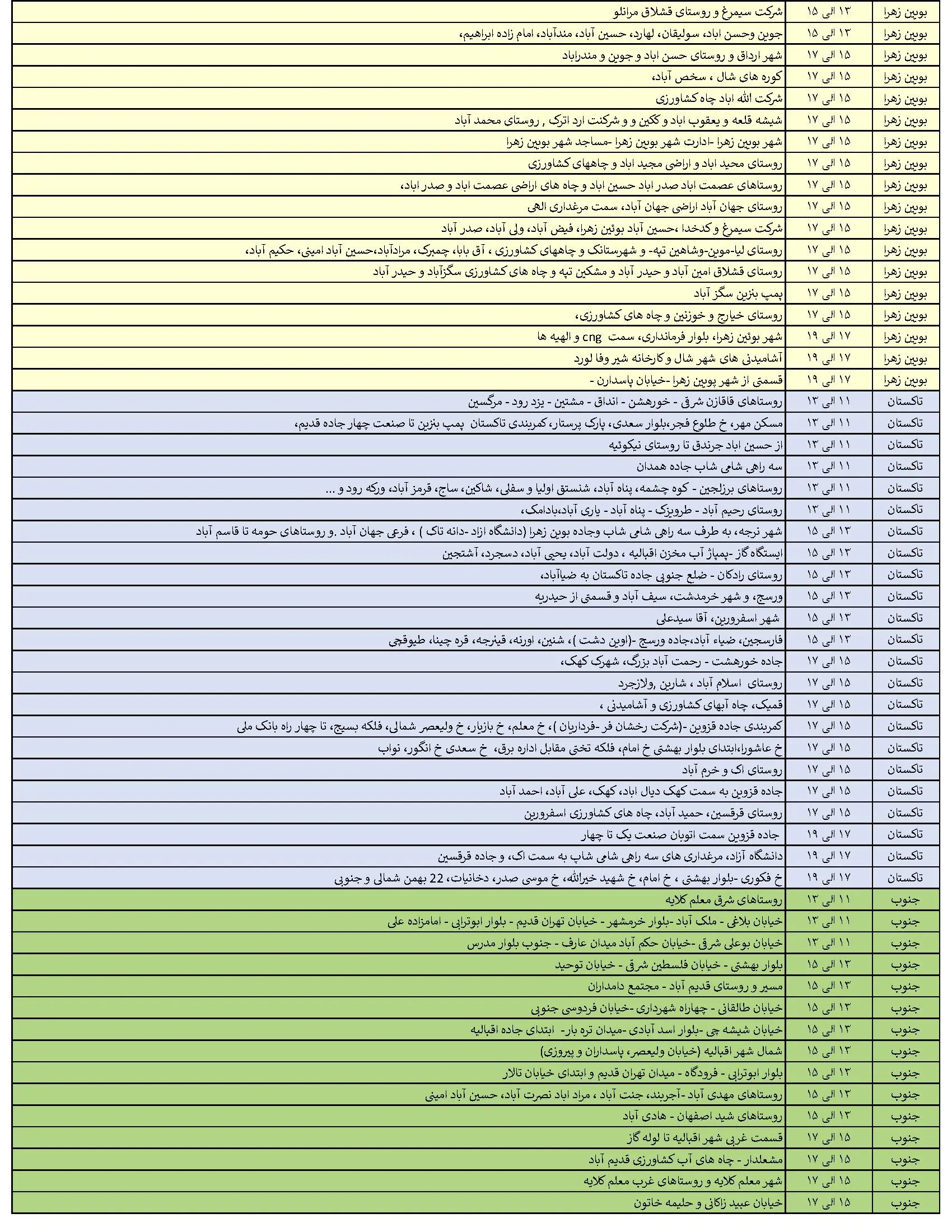 جدول خاموشی‌های برق قزوین در 12 تیر منتشر شد