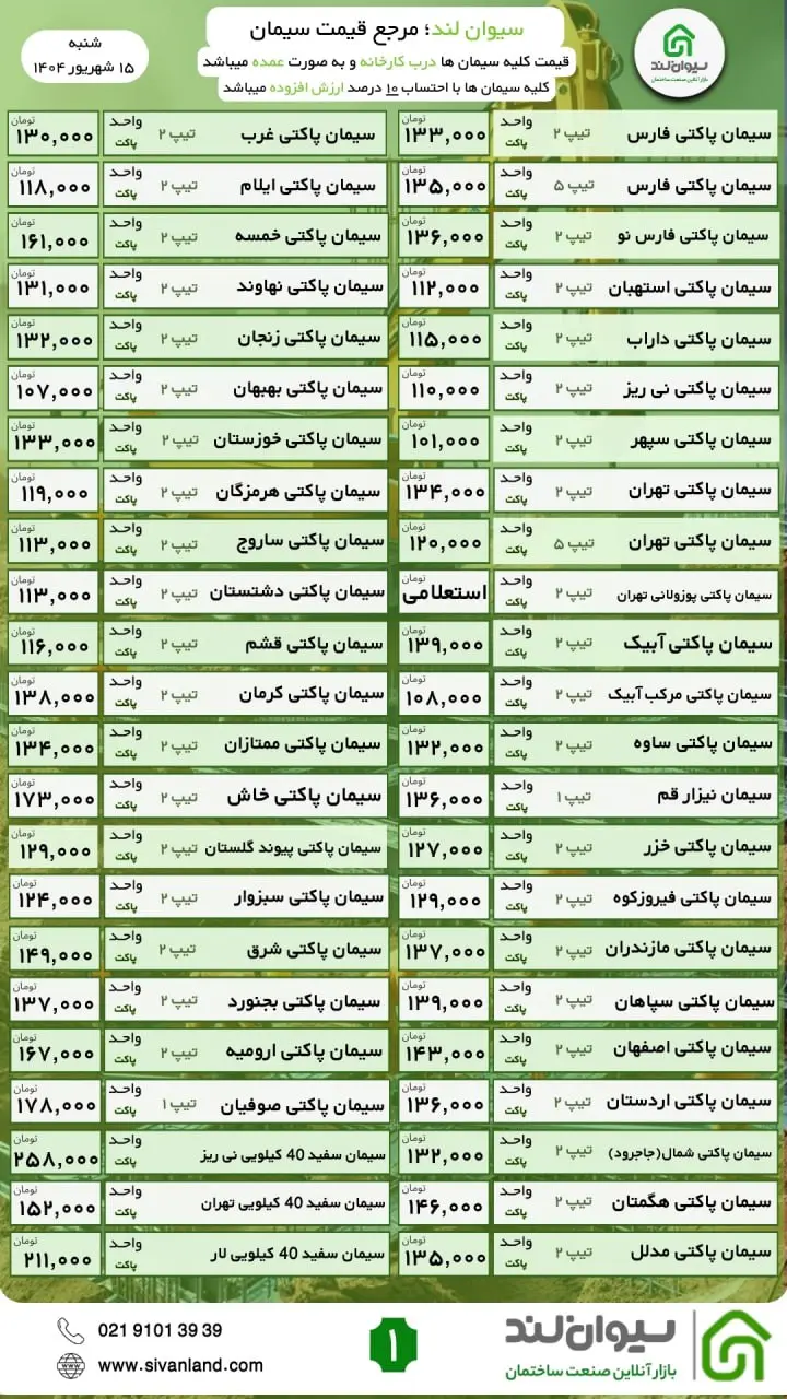 قیمت سیمان امروز شنبه 15 شهریور
