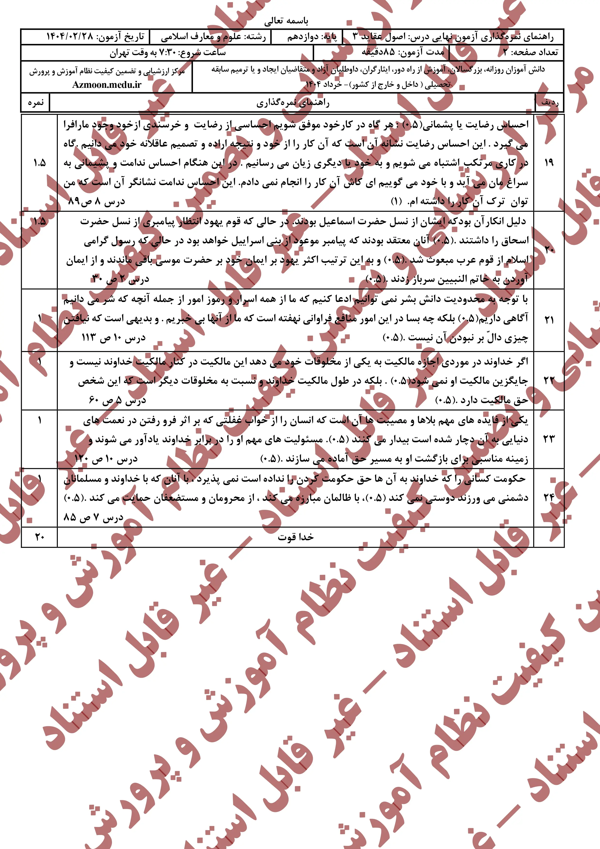 سوالات امتحان نهایی دین و زندگی دوازدهم خرداد ۱۴۰۴ + معارف اسلامی + پاسخنامه