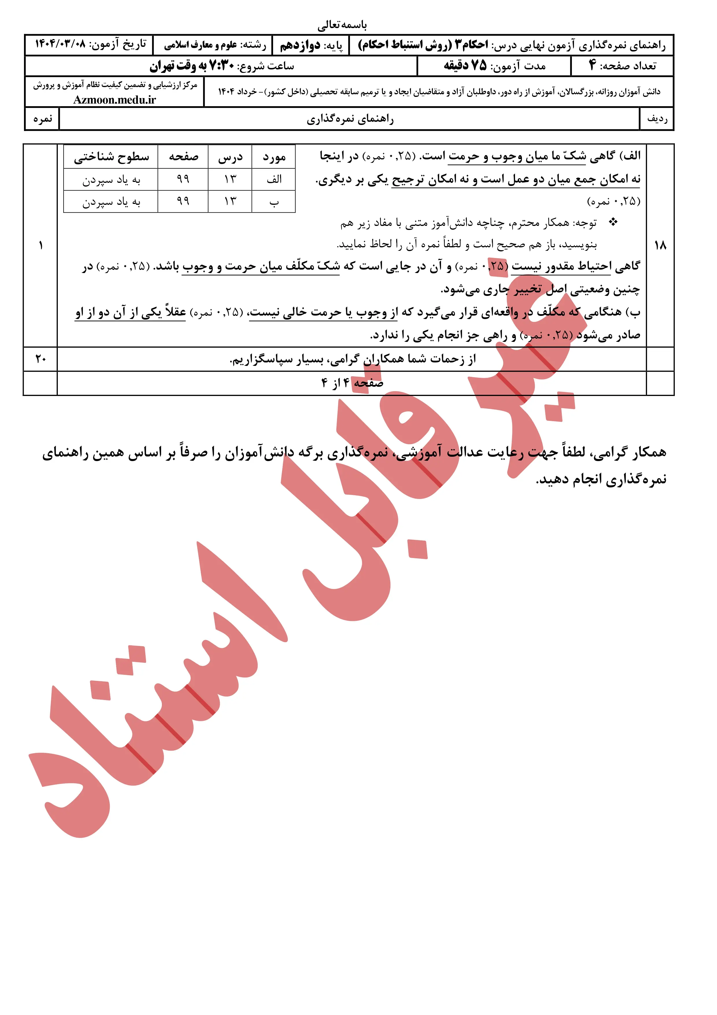 سوالات امتحان نهایی احکام ۳ دوازدهم خرداد ۱۴۰۴ + پاسخنامه