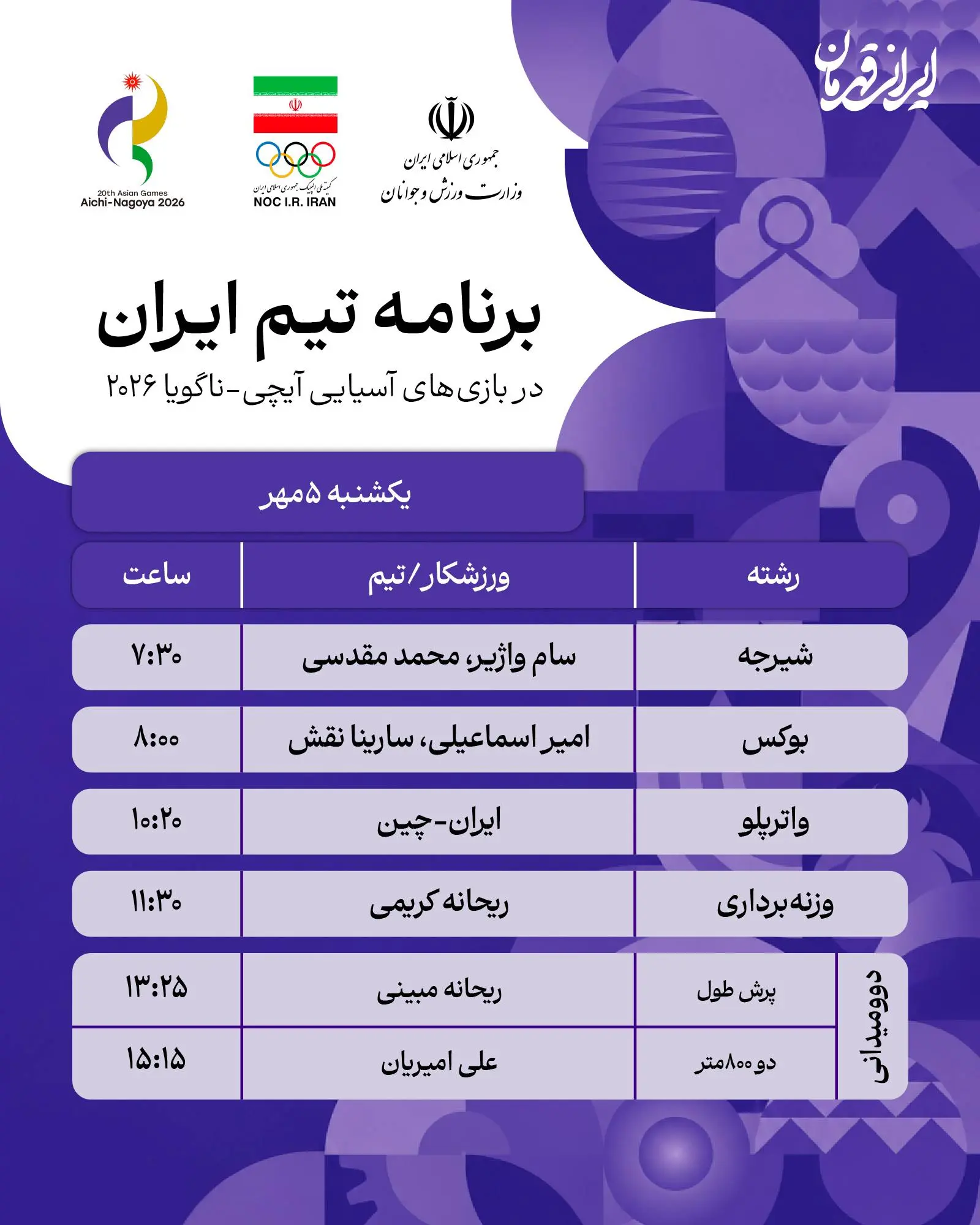 برنامه روز هشتم  نمایندگان ایران در بازی های آسیایی ناگویا