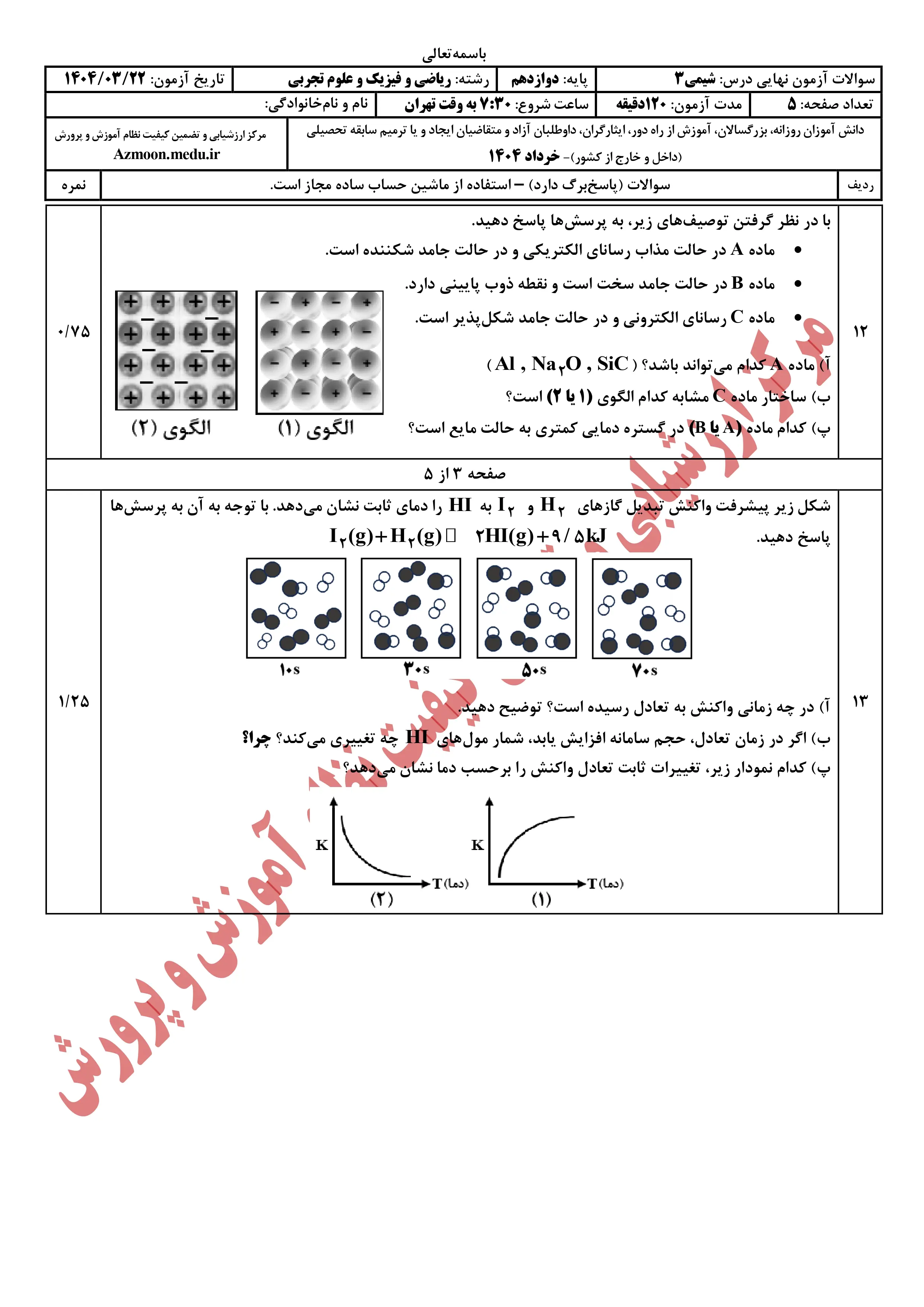 سوالات امتحان نهایی شیمی دوازدهم خرداد ۱۴۰۴ + پاسخنامه